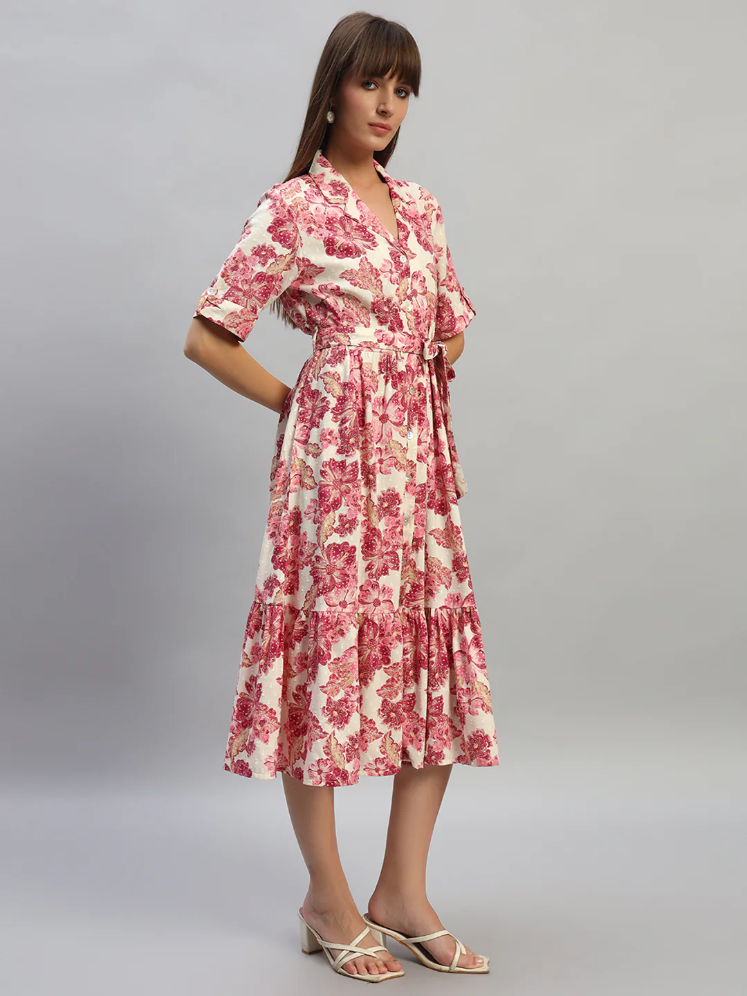 Women's Printed Off-White V-Neck Half Sleeves Casual Dress - Image 5