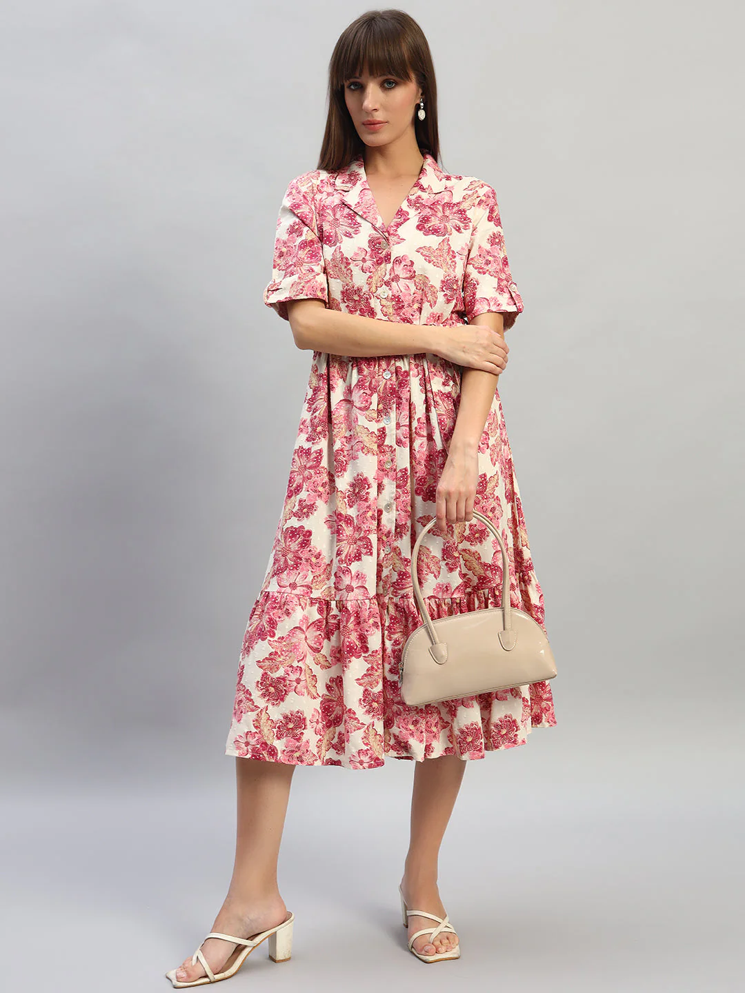 Women's Printed Off-White V-Neck Half Sleeves Casual Dress - Image 7