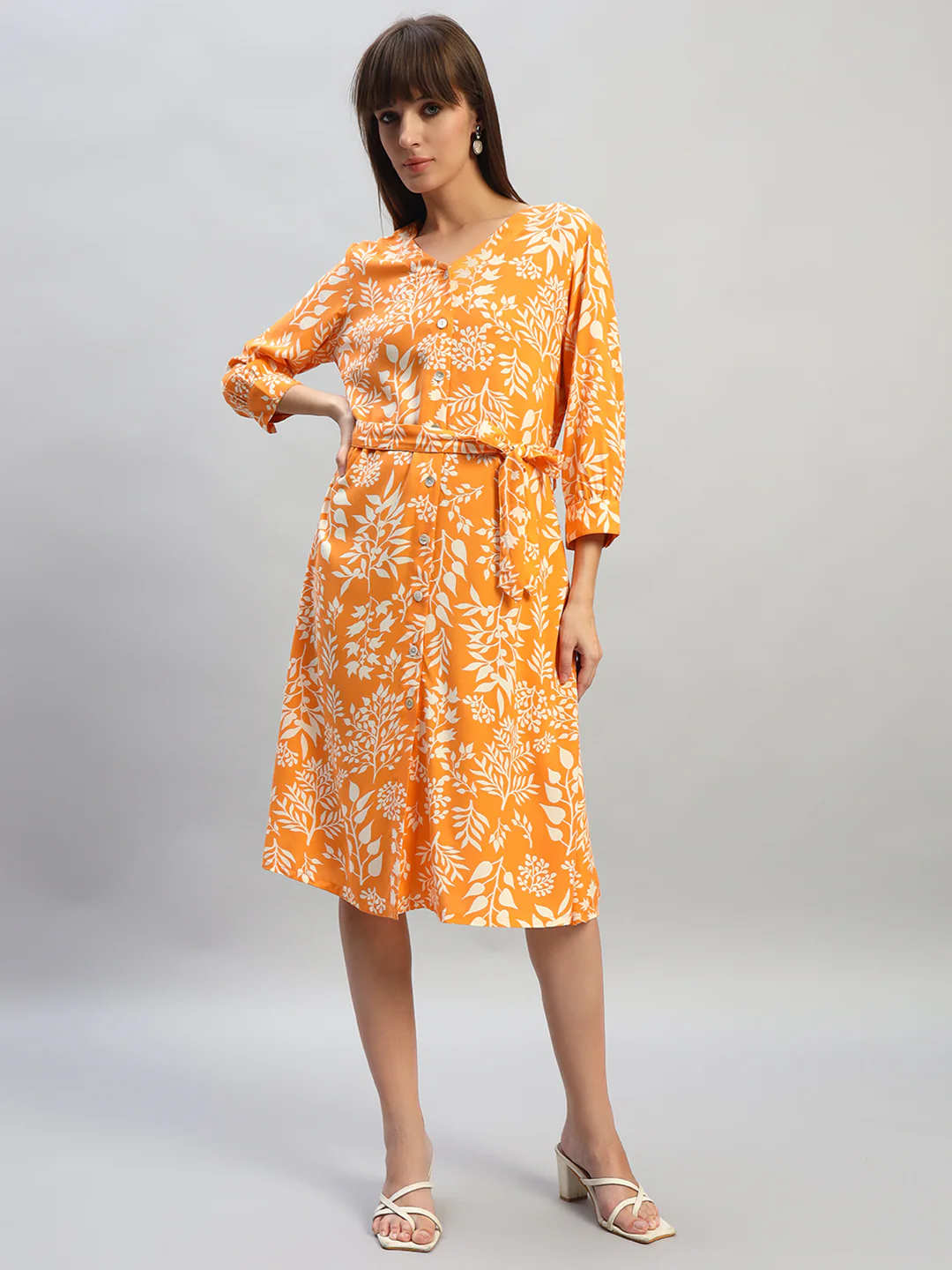 Women's Printed Orange V-Neck 3/4th Sleeves Casual Dress - Image 2