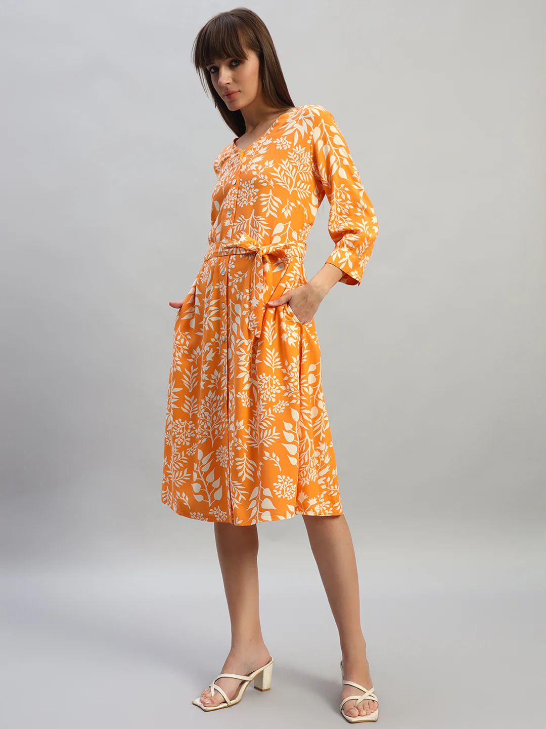 Women's Printed Orange V-Neck 3/4th Sleeves Casual Dress - Image 3