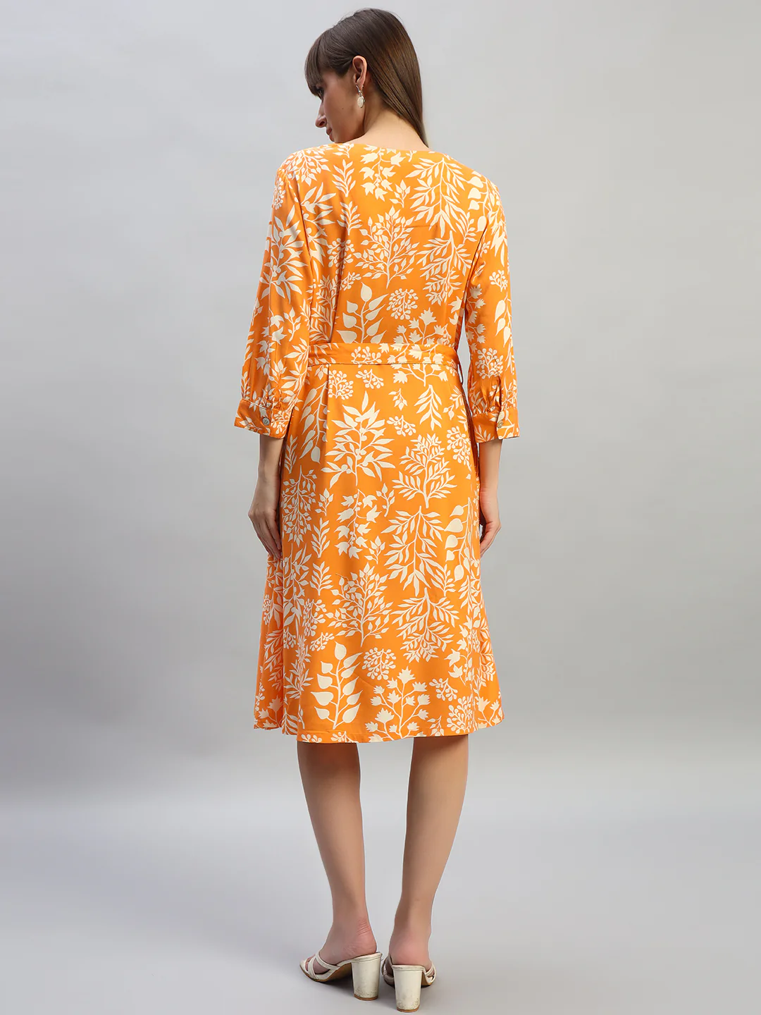 Women's Printed Orange V-Neck 3/4th Sleeves Casual Dress - Image 4