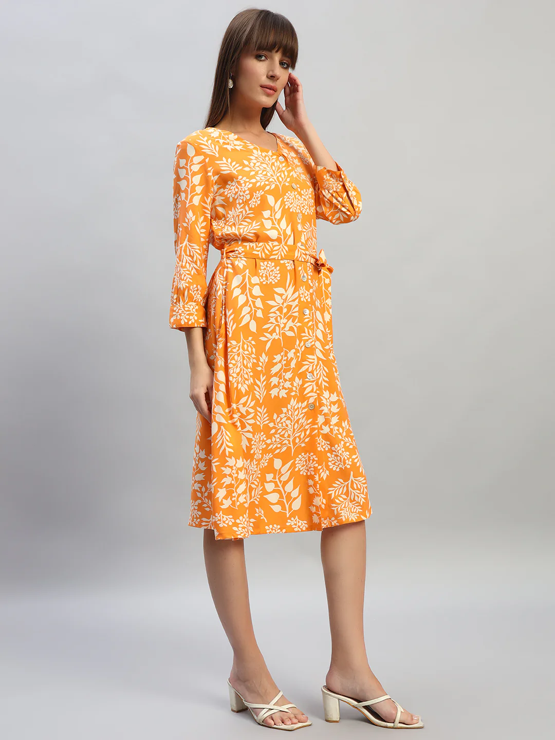 Women's Printed Orange V-Neck 3/4th Sleeves Casual Dress - Image 5