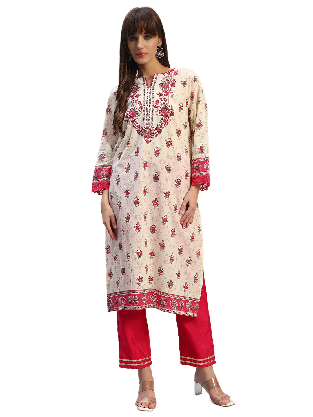 Women's Printed Pink Round Neck 3/4th Sleeves Casual Kurti - Image 3