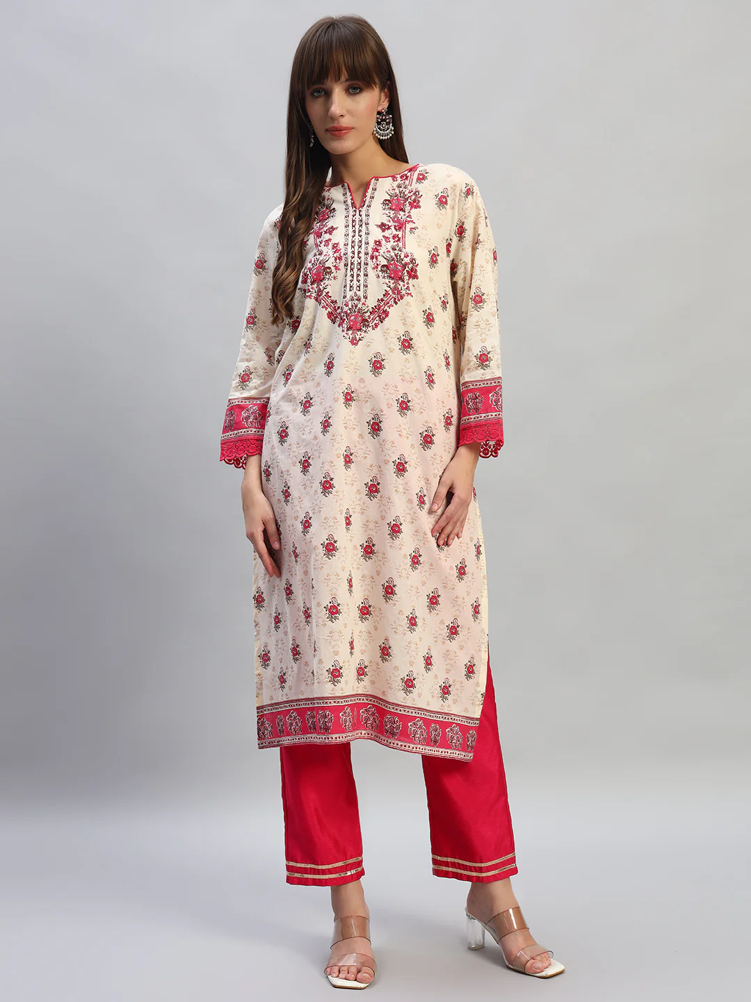 Women's Printed Pink Round Neck 3/4th Sleeves Casual Kurti - Image 4