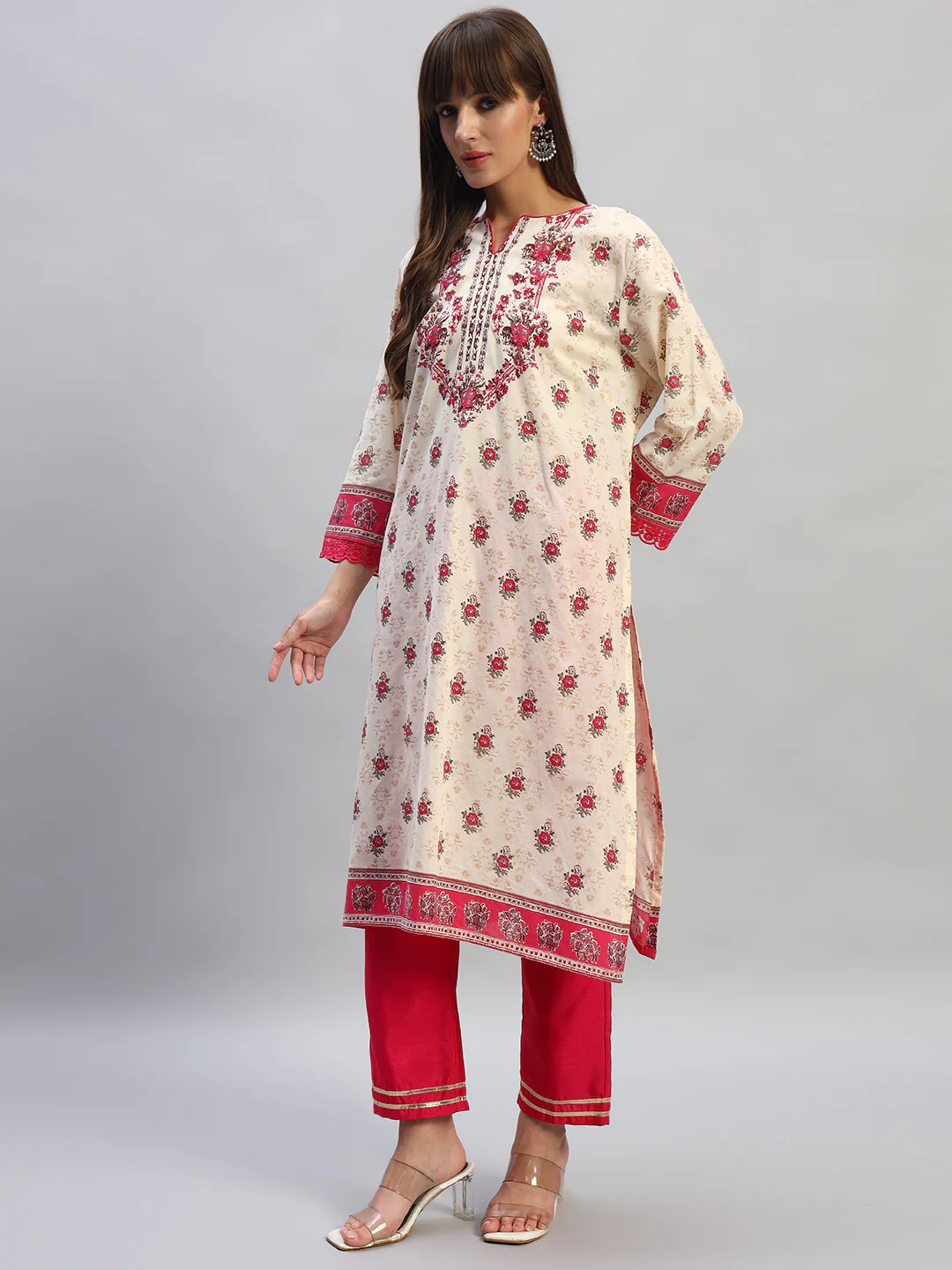 Women's Printed Pink Round Neck 3/4th Sleeves Casual Kurti - Image 5