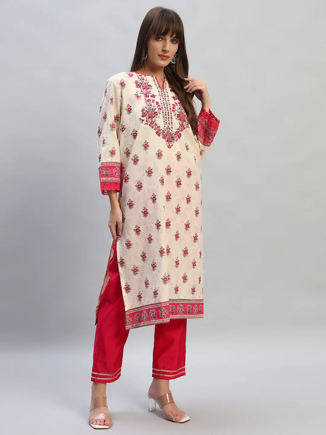 Women's Printed Pink Round Neck 3/4th Sleeves Casual Kurti - Image 6