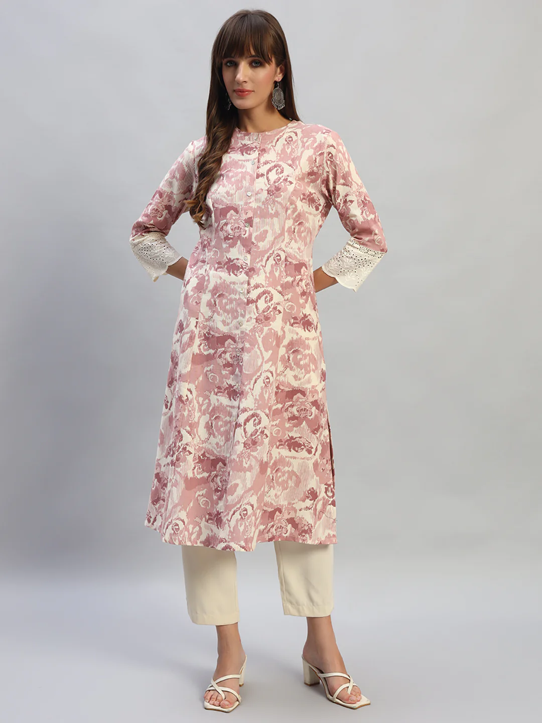 Women's Printed Pink Round Neck 3/4th Sleeves Casual Kurti - Image 2