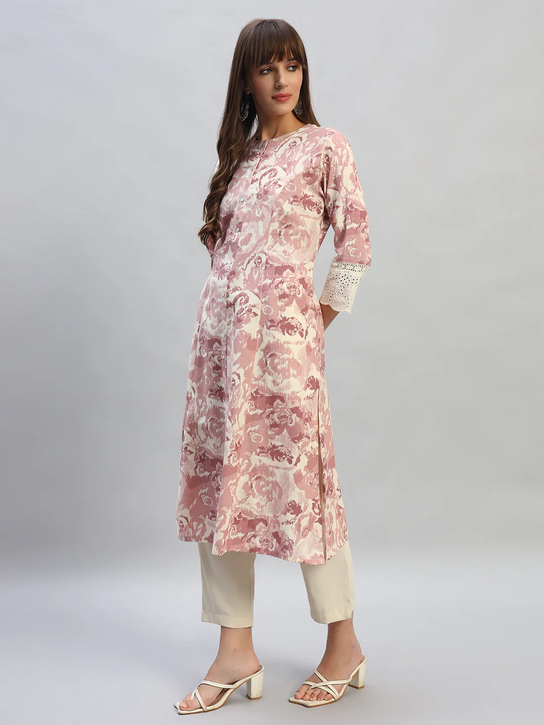 Women's Printed Pink Round Neck 3/4th Sleeves Casual Kurti - Image 3
