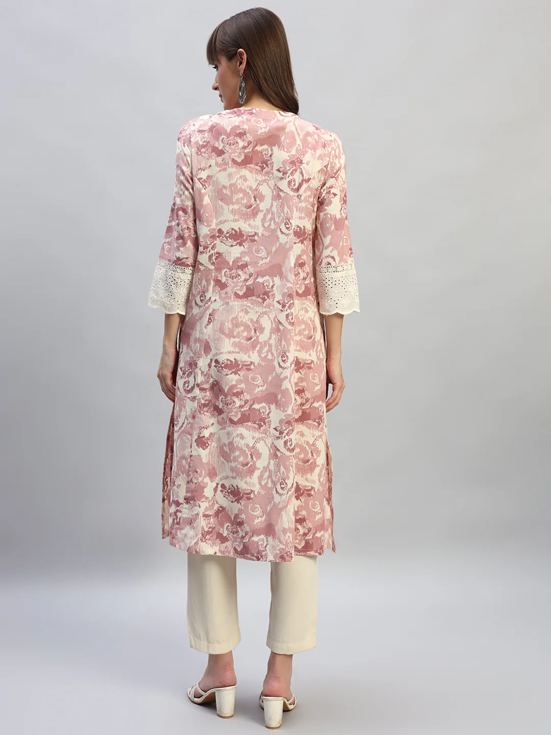 Women's Printed Pink Round Neck 3/4th Sleeves Casual Kurti - Image 4
