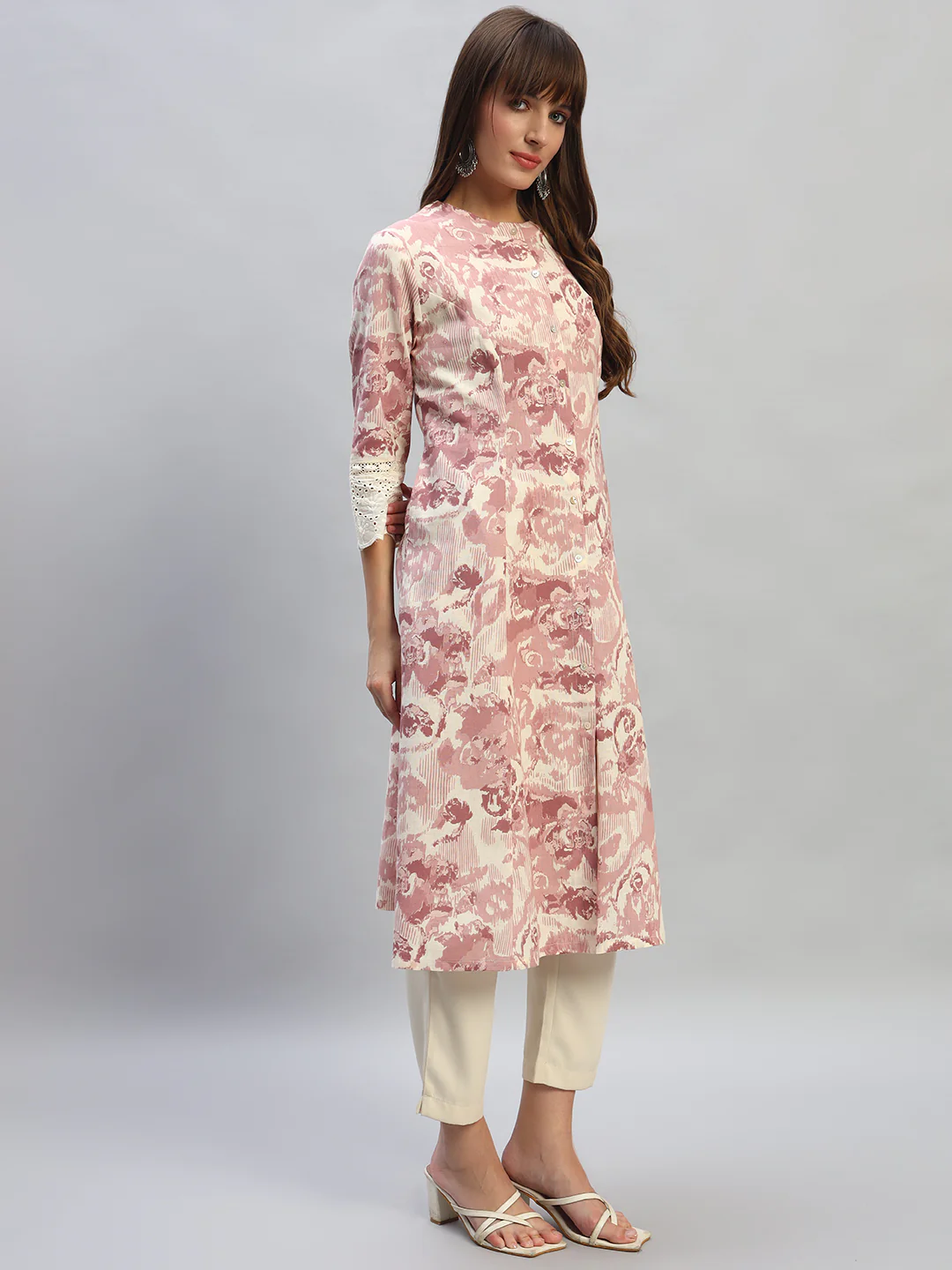 Women's Printed Pink Round Neck 3/4th Sleeves Casual Kurti - Image 5