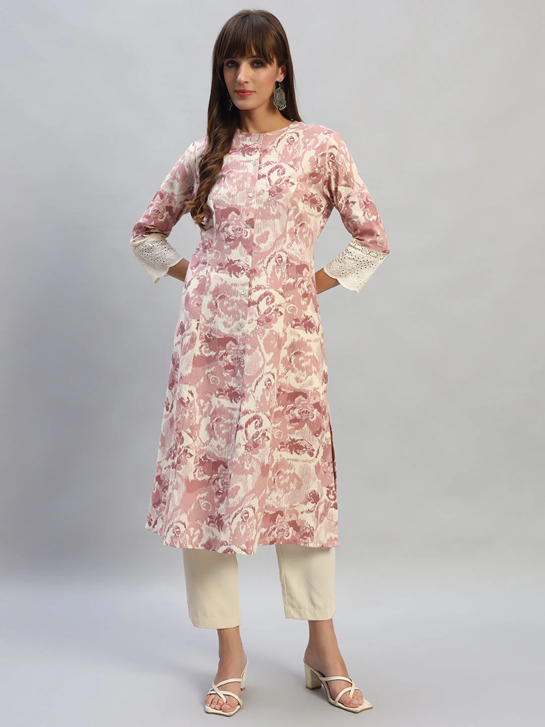 Women's Printed Pink Round Neck 3/4th Sleeves Casual Kurti - Image 7