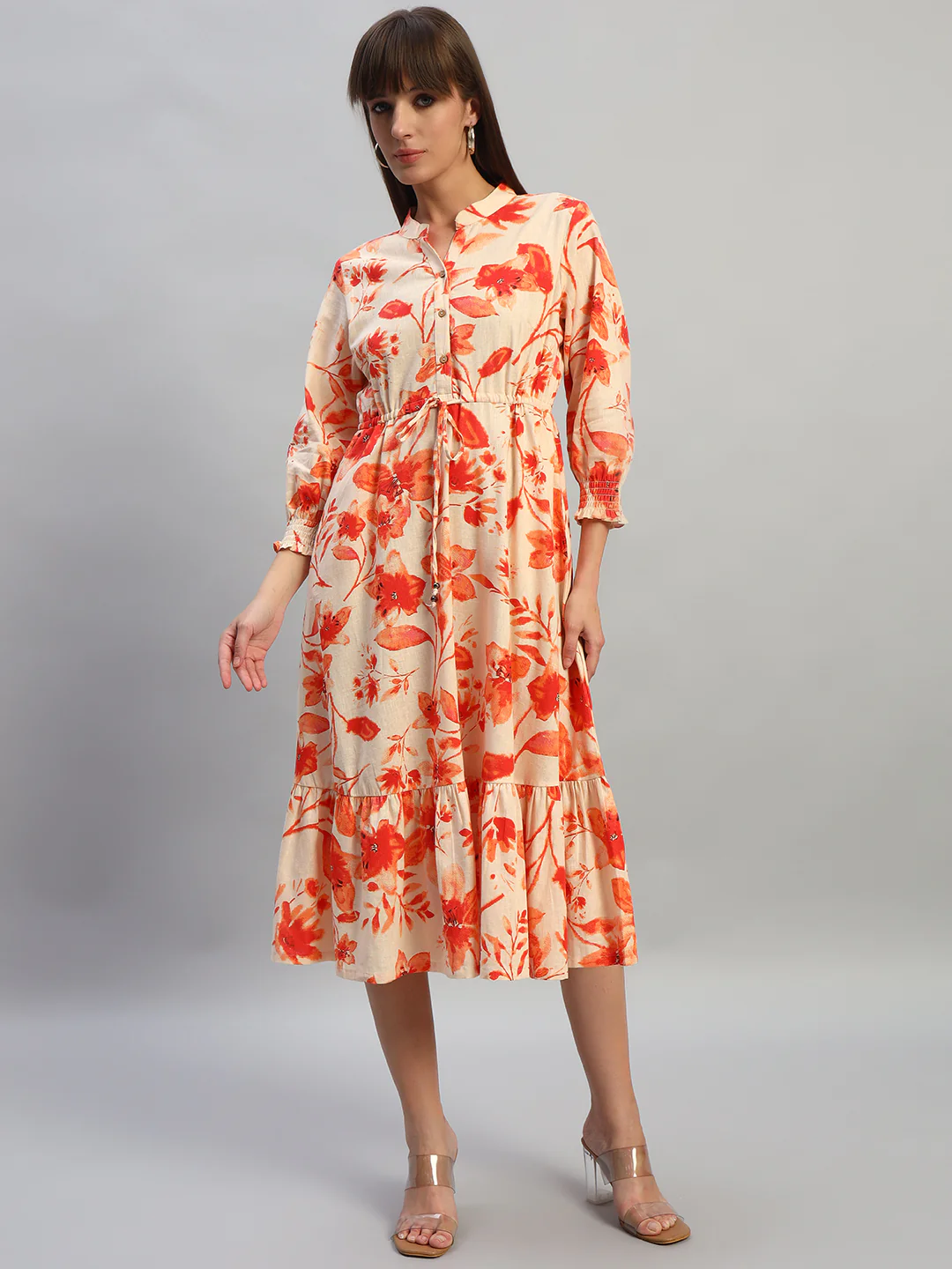 Women's Printed Pink V-Neck 3/4th Sleeves Casual Dress - Image 2