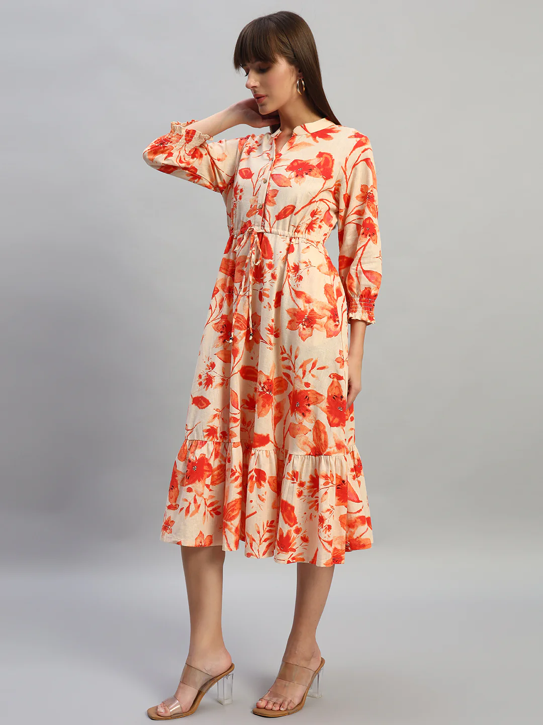 Women's Printed Pink V-Neck 3/4th Sleeves Casual Dress - Image 3