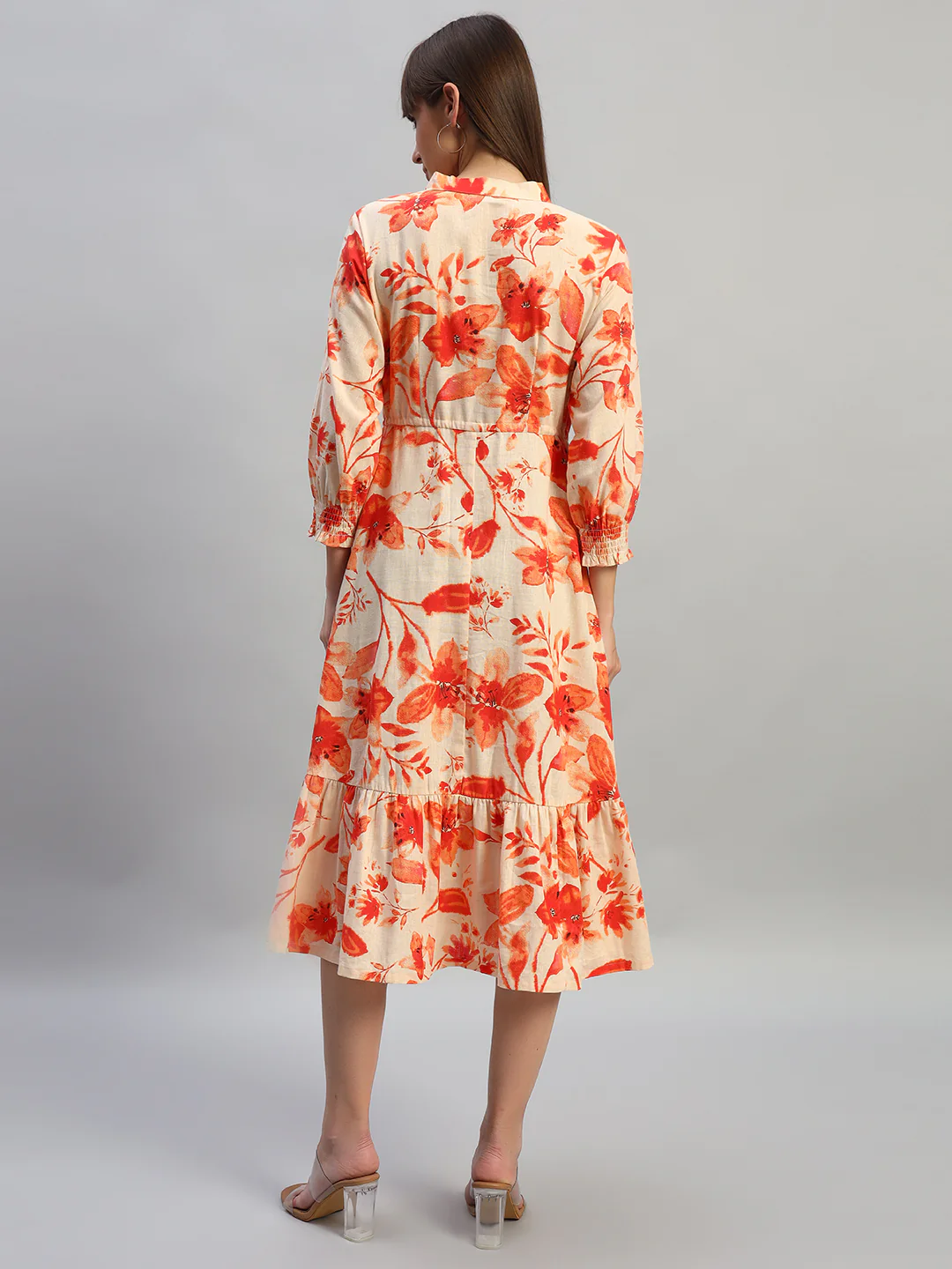 Women's Printed Pink V-Neck 3/4th Sleeves Casual Dress - Image 4