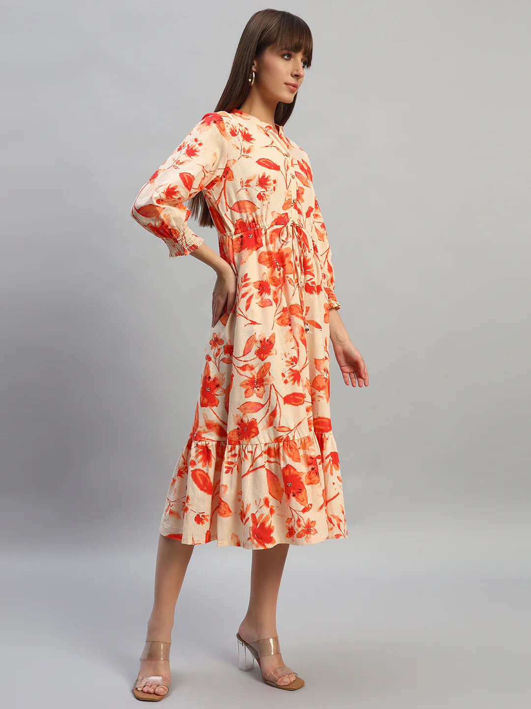 Women's Printed Pink V-Neck 3/4th Sleeves Casual Dress - Image 5