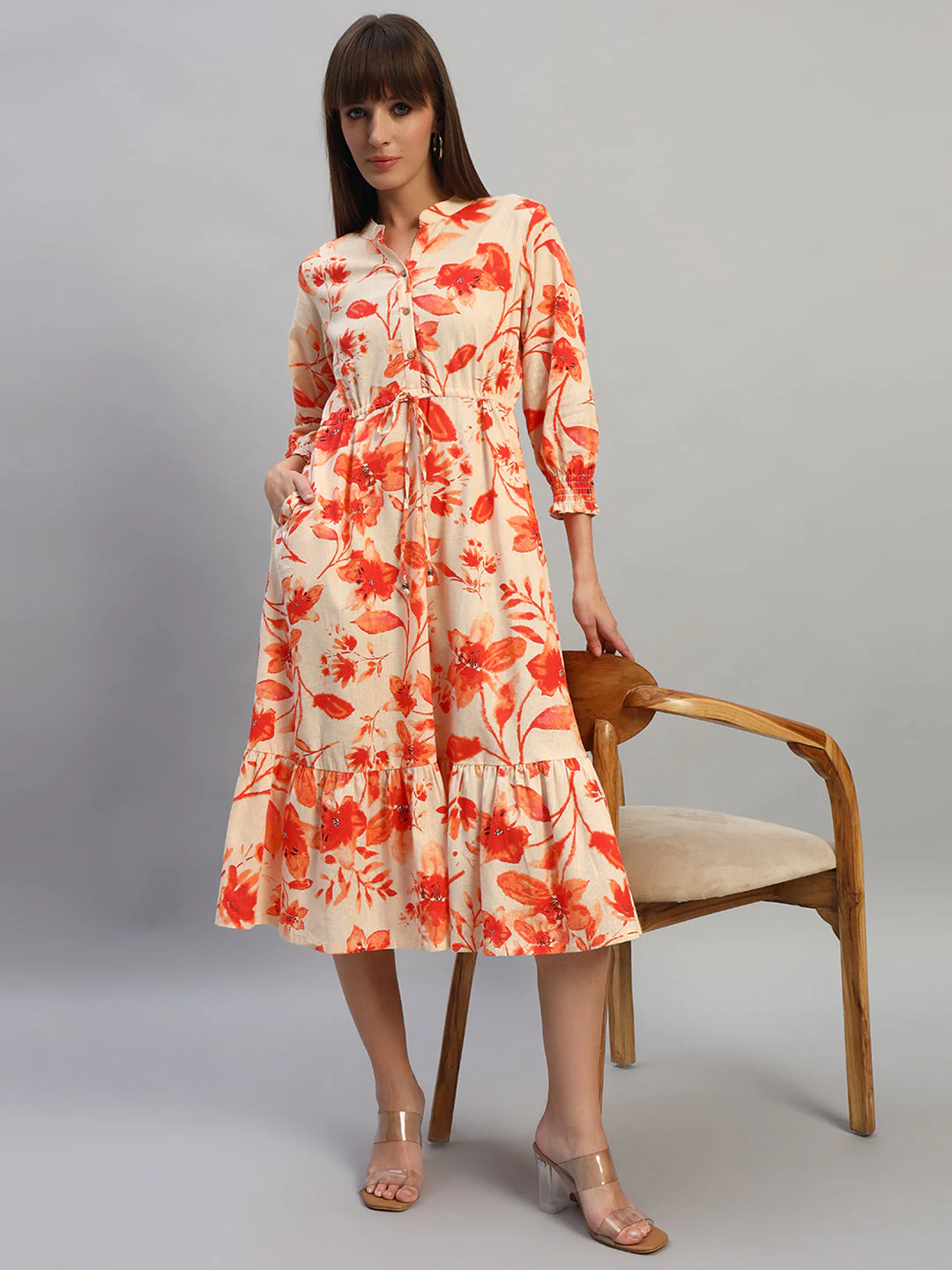 Women's Printed Pink V-Neck 3/4th Sleeves Casual Dress - Image 7
