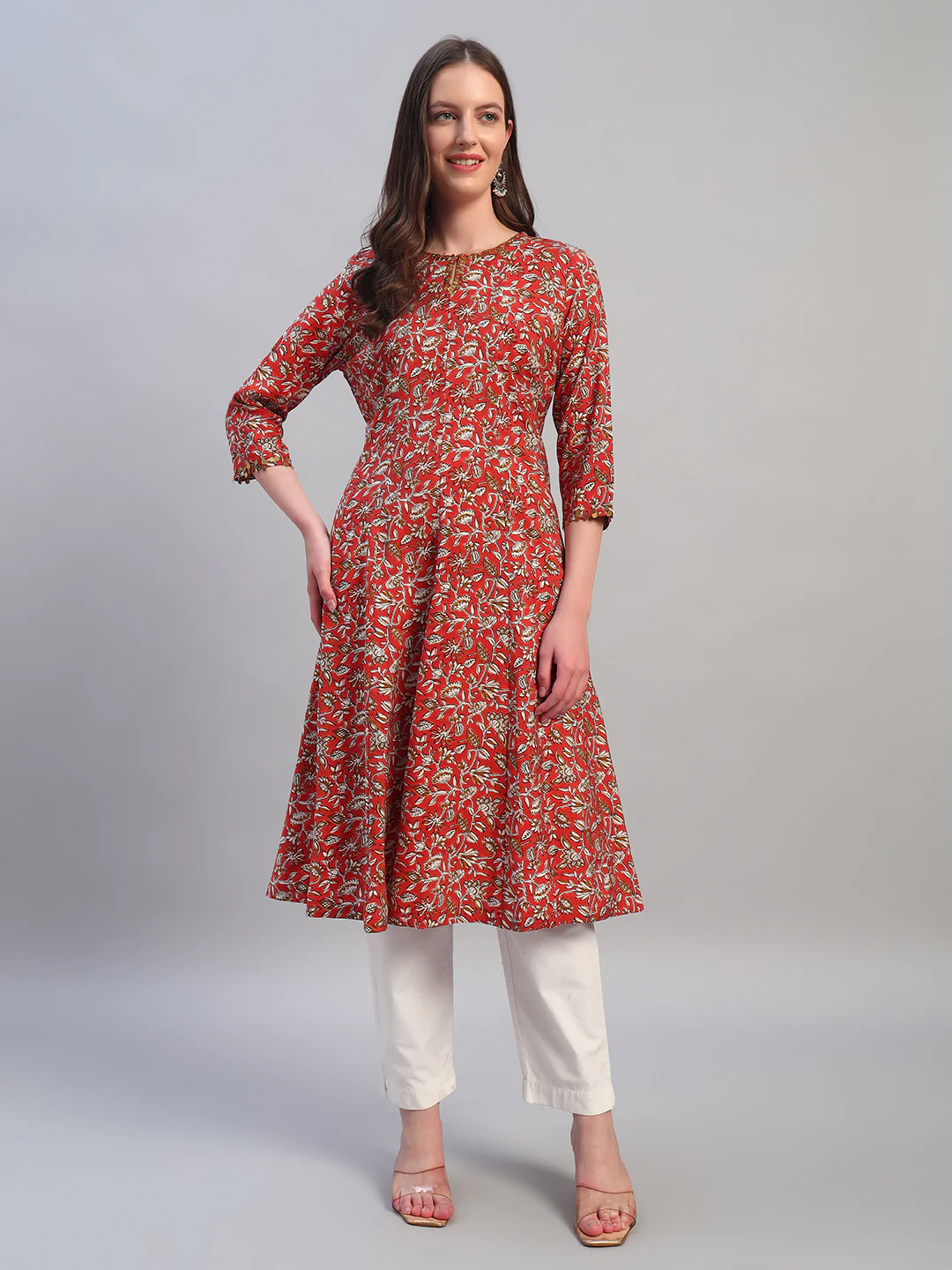 Women's Printed Rust Round Neck 3/4th Sleeves Casual Kurti - Image 2