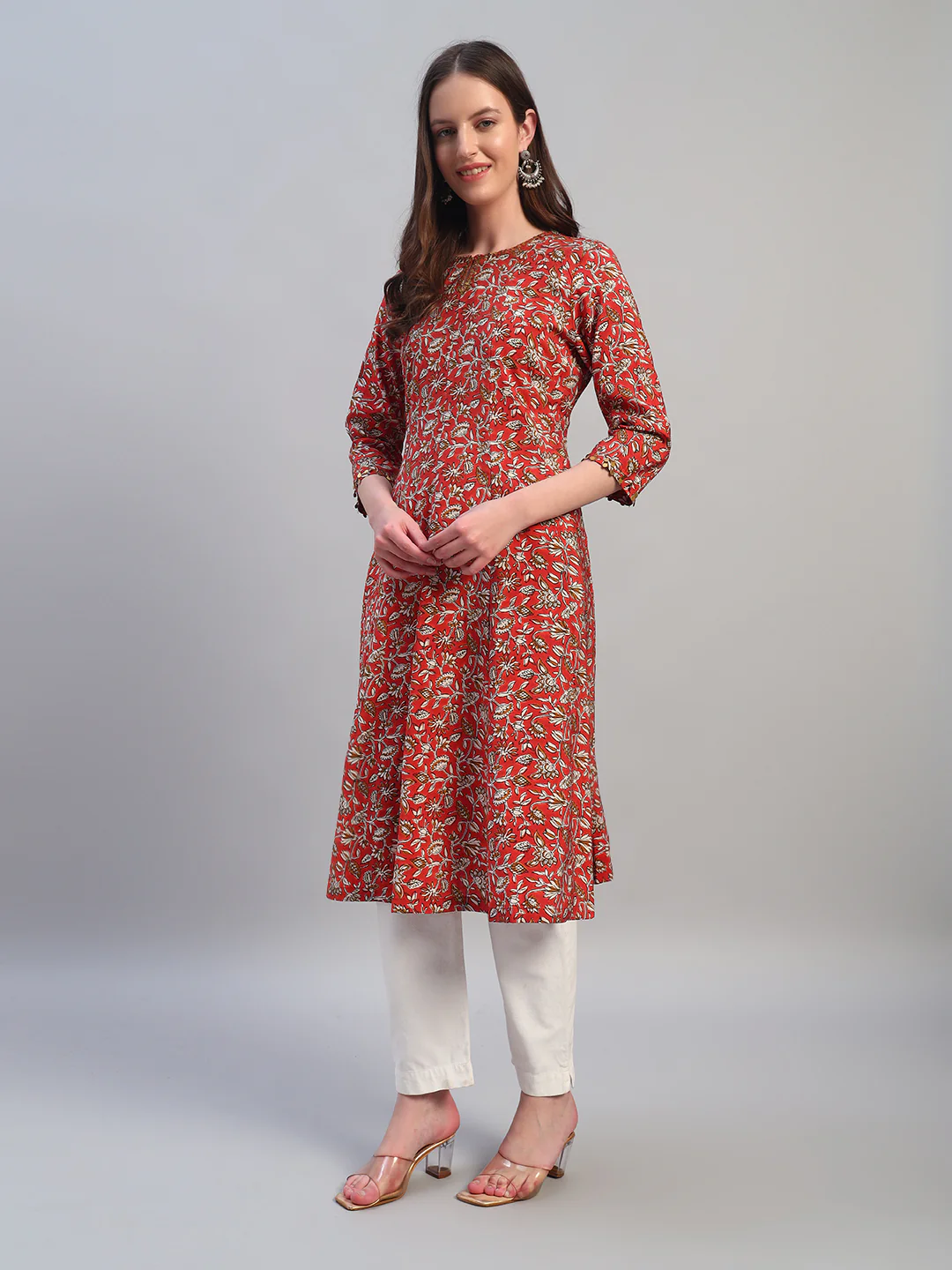 Women's Printed Rust Round Neck 3/4th Sleeves Casual Kurti - Image 3