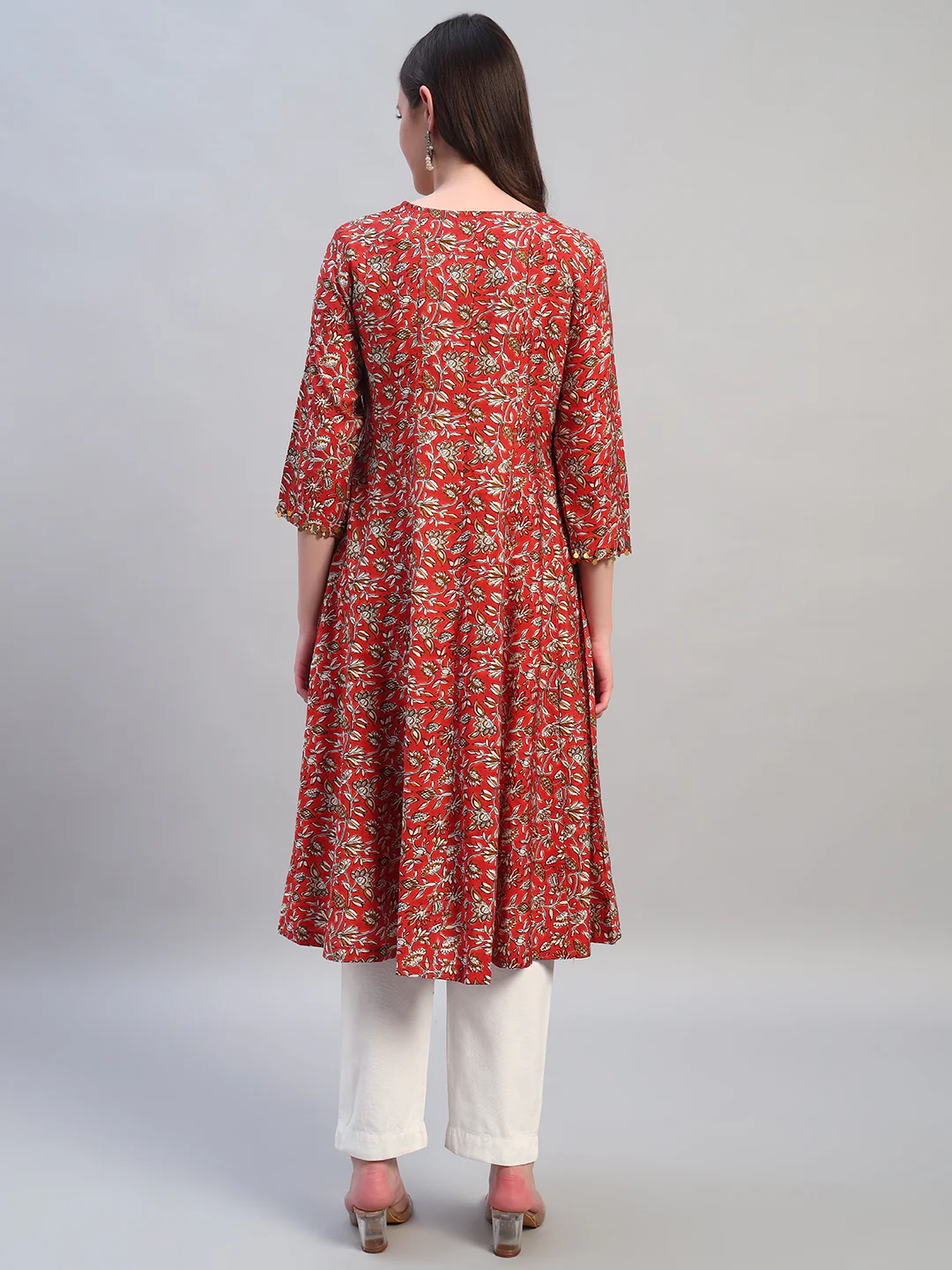 Women's Printed Rust Round Neck 3/4th Sleeves Casual Kurti - Image 4
