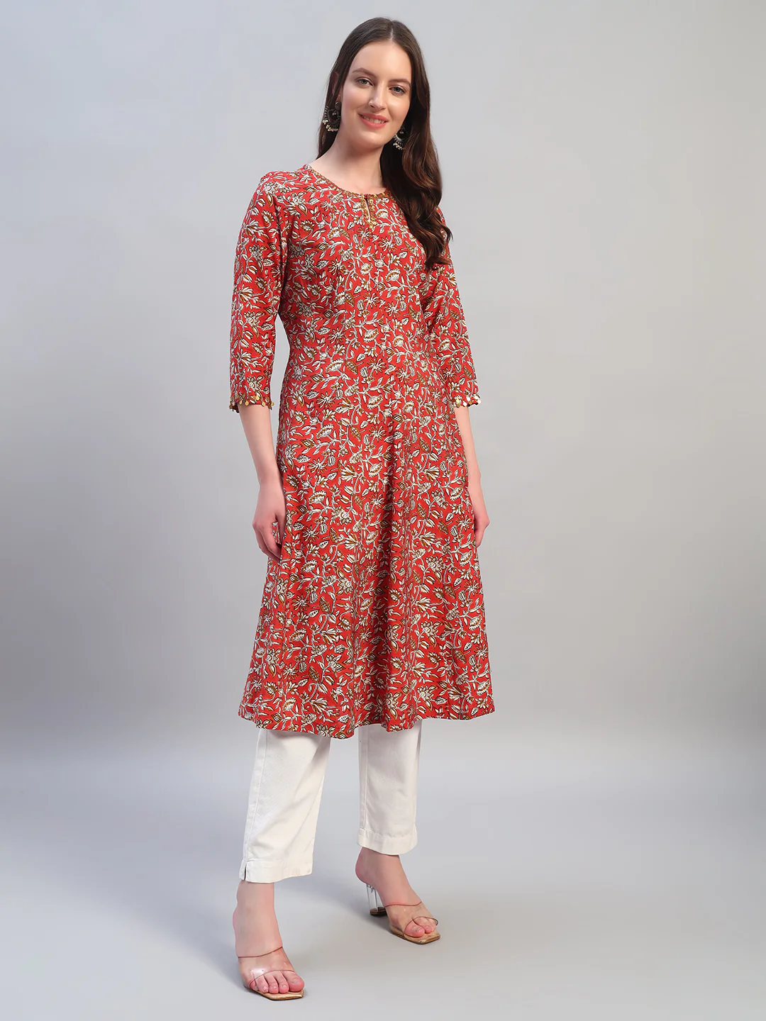 Women's Printed Rust Round Neck 3/4th Sleeves Casual Kurti - Image 5