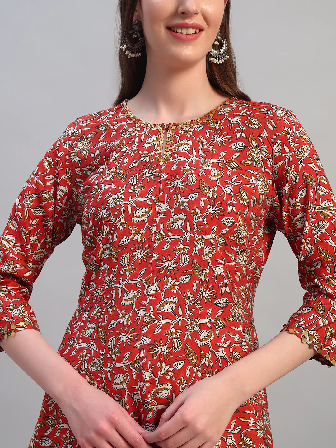 Women's Printed Rust Round Neck 3/4th Sleeves Casual Kurti - Image 6