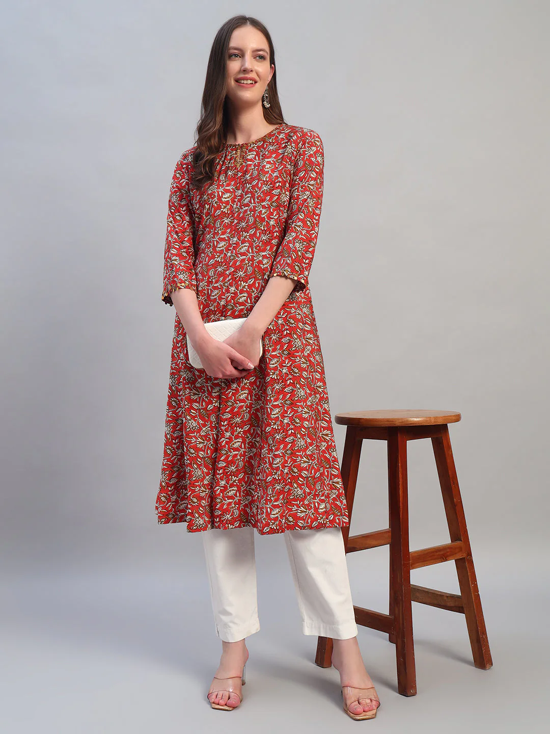 Women's Printed Rust Round Neck 3/4th Sleeves Casual Kurti - Image 7