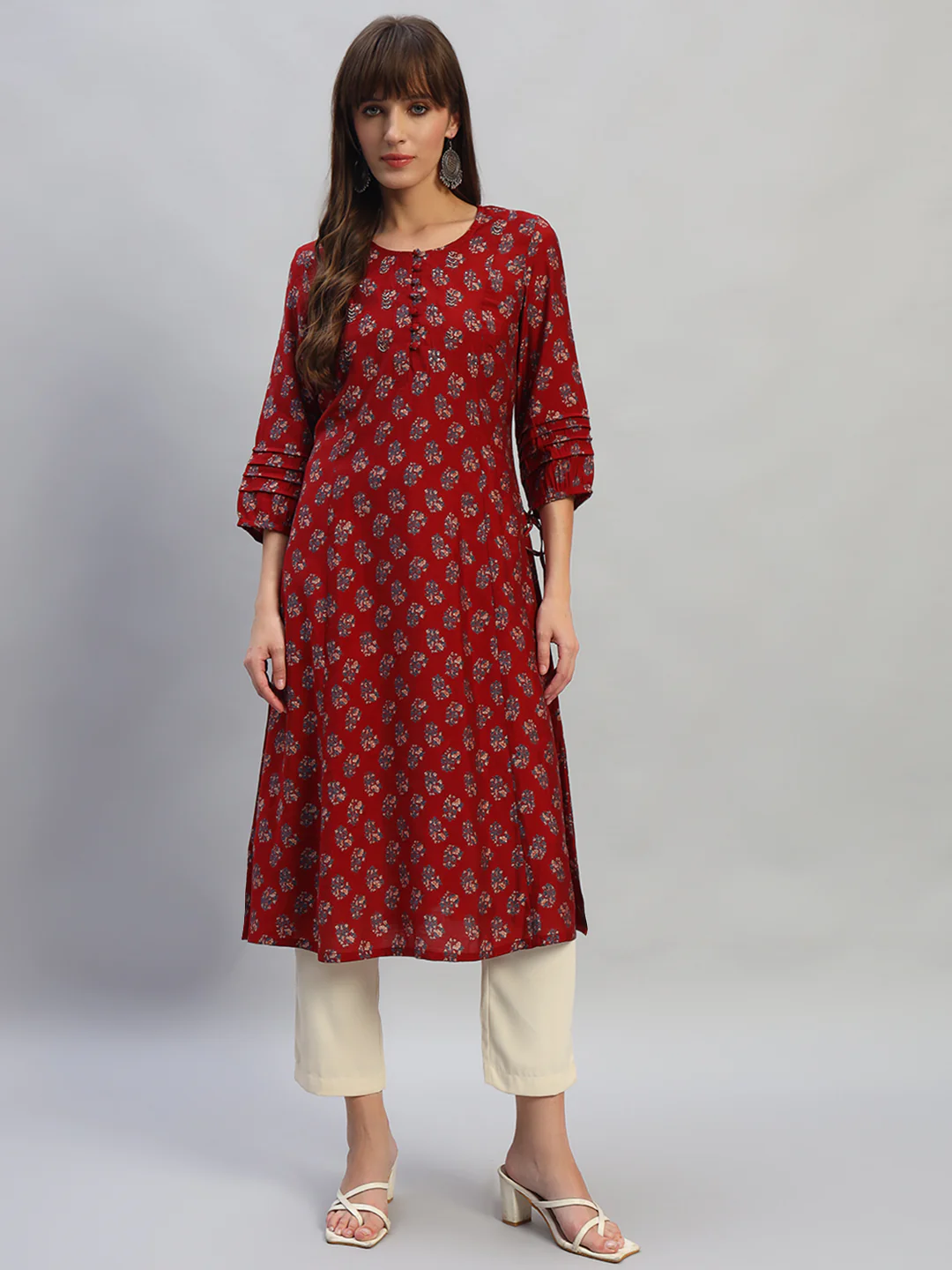 Women's Printed Rust Round Neck 3/4th Sleeves Casual Kurti - Image 2