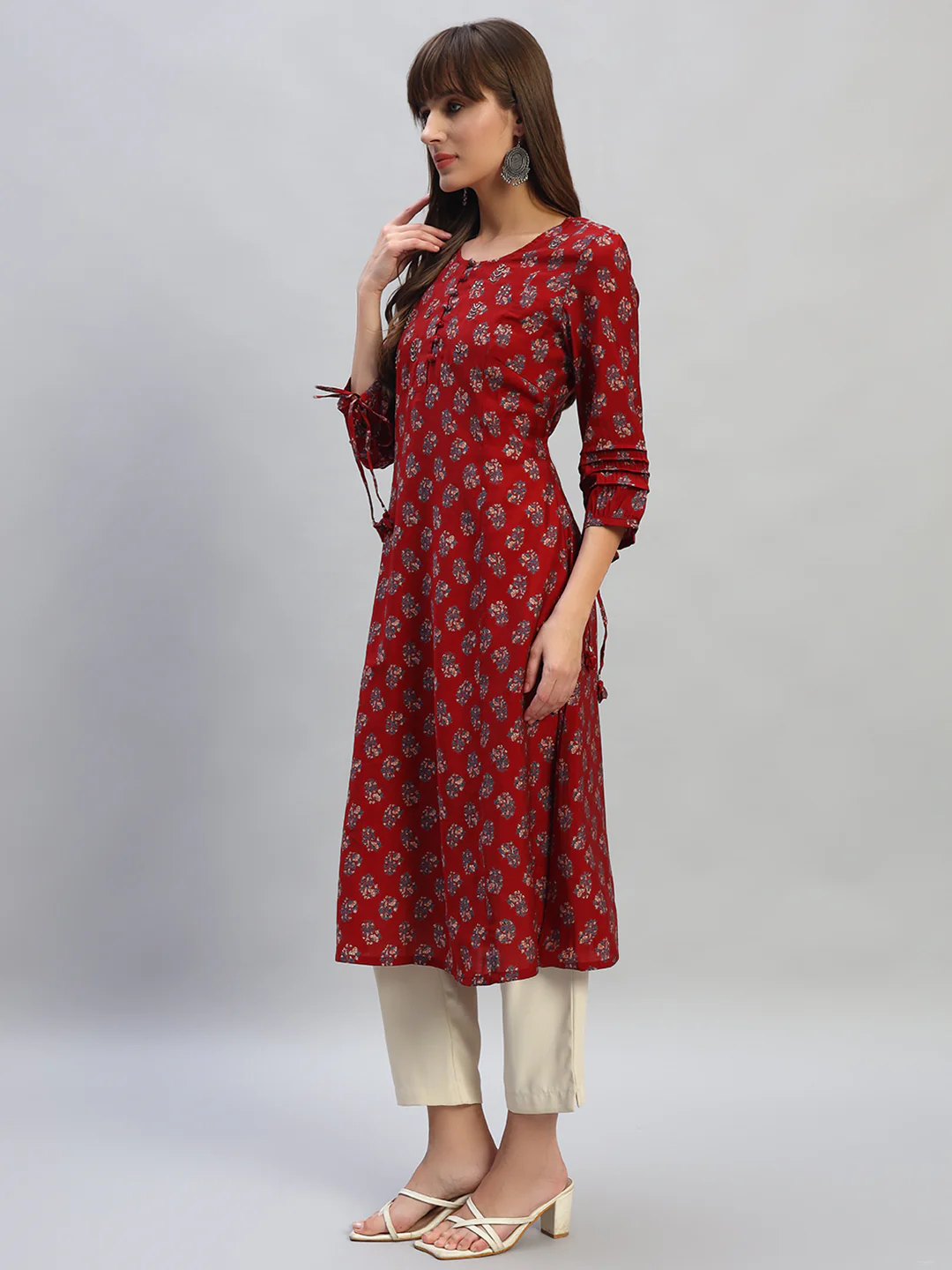 Women's Printed Rust Round Neck 3/4th Sleeves Casual Kurti - Image 3