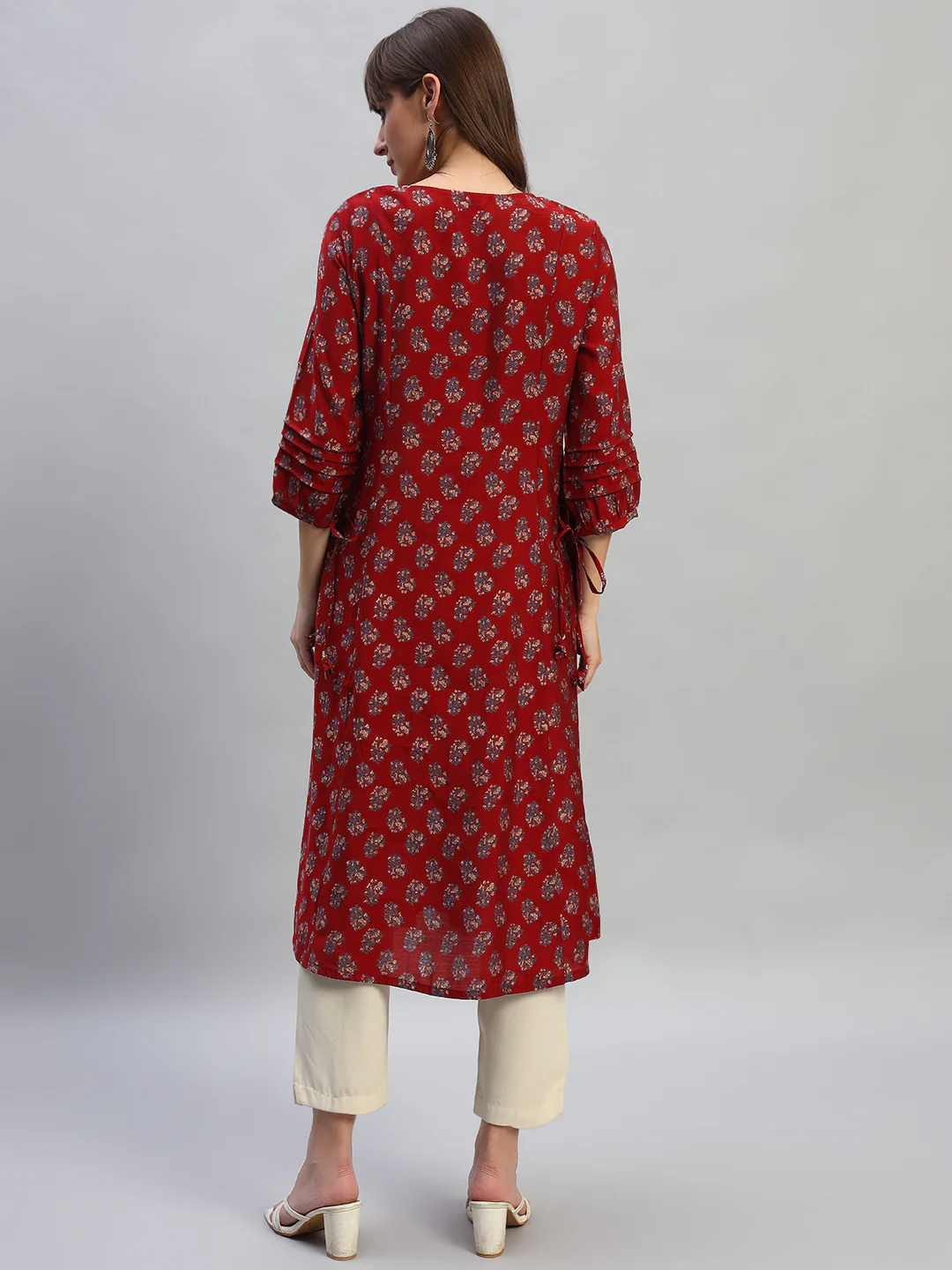 Women's Printed Rust Round Neck 3/4th Sleeves Casual Kurti - Image 4
