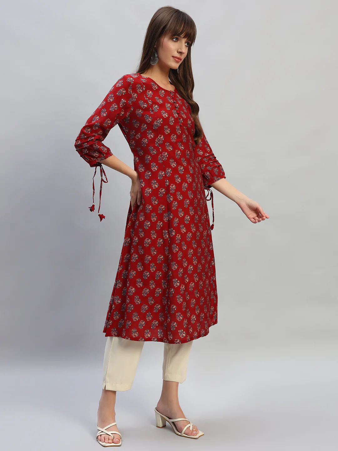 Women's Printed Rust Round Neck 3/4th Sleeves Casual Kurti - Image 5