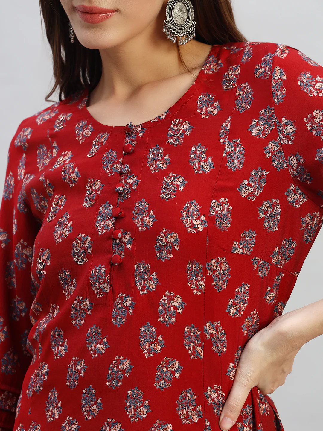 Women's Printed Rust Round Neck 3/4th Sleeves Casual Kurti - Image 6