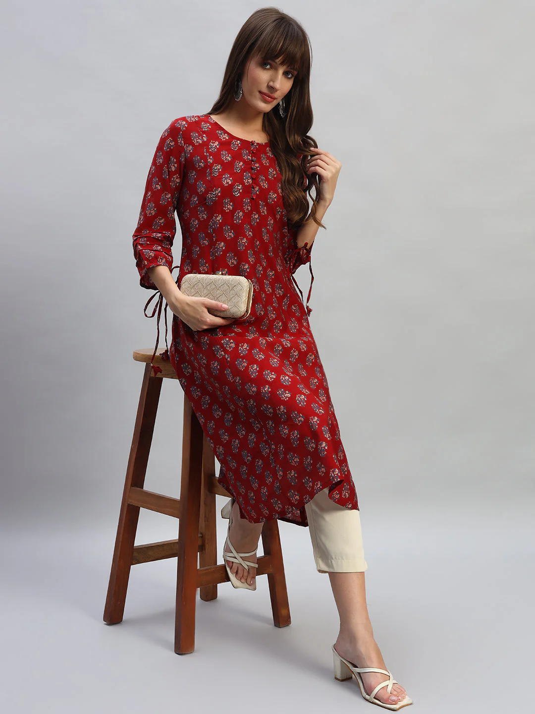 Women's Printed Rust Round Neck 3/4th Sleeves Casual Kurti - Image 7