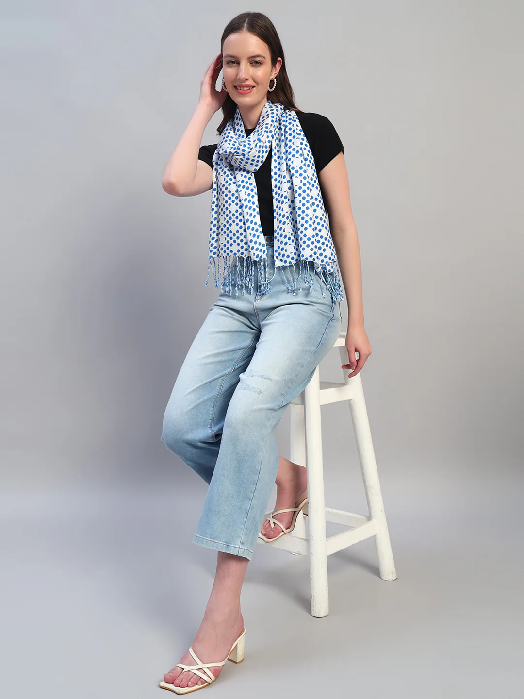 Women's Printed Sky Blue Scarf - Image 7