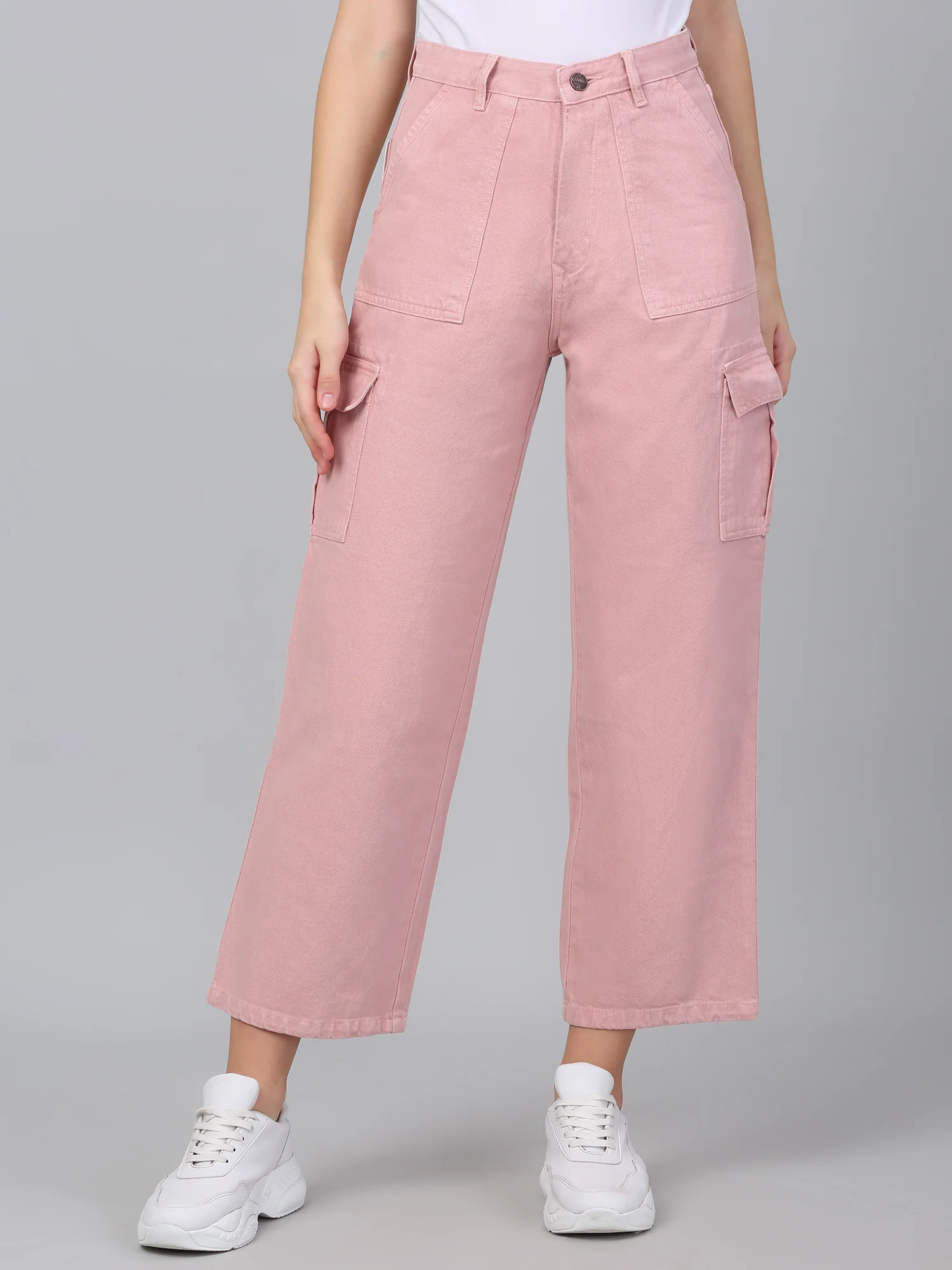 Women's Pink Solid Denim Wide Leg Cargo - Image 2