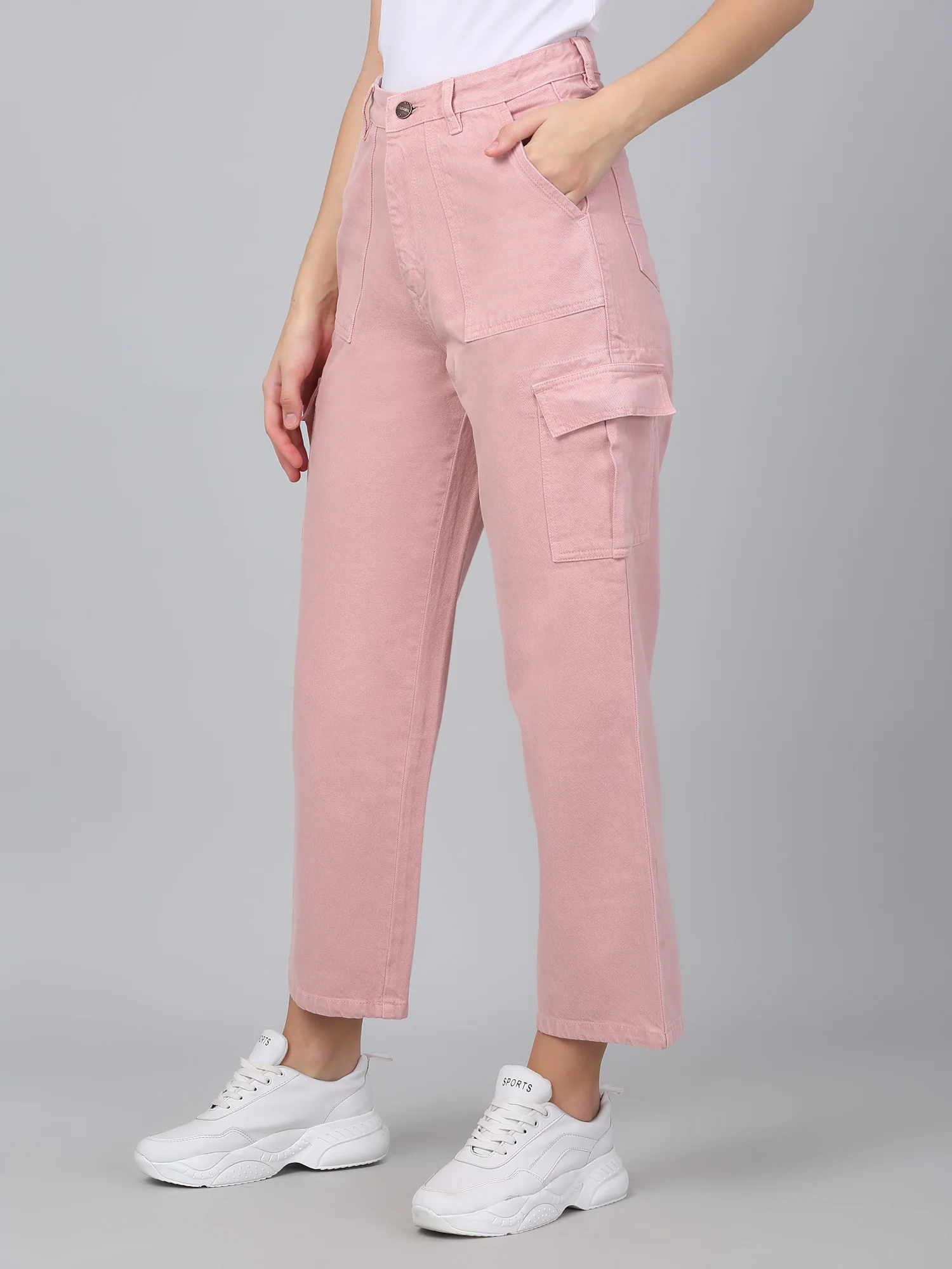 Women's Pink Solid Denim Wide Leg Cargo - Image 3