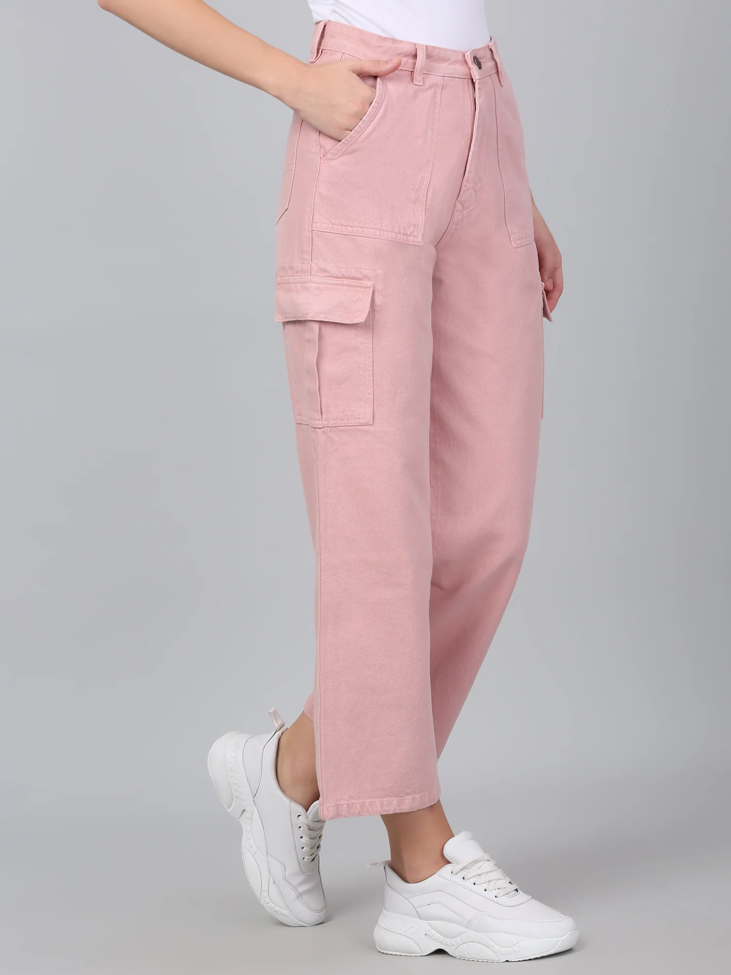 Women's Pink Solid Denim Wide Leg Cargo - Image 4