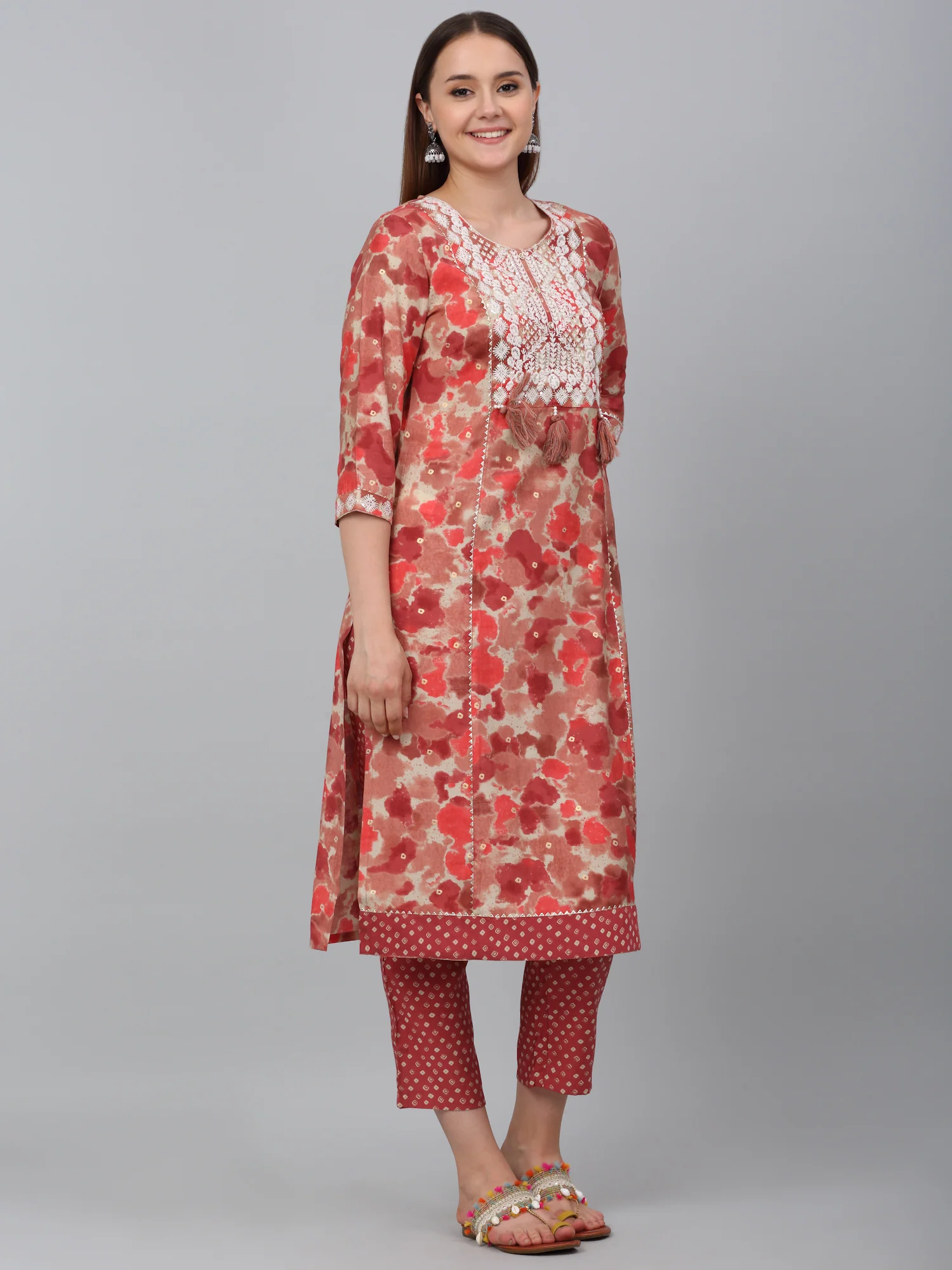 Women's Red Printed Kurta Plazzo Set - Image 4
