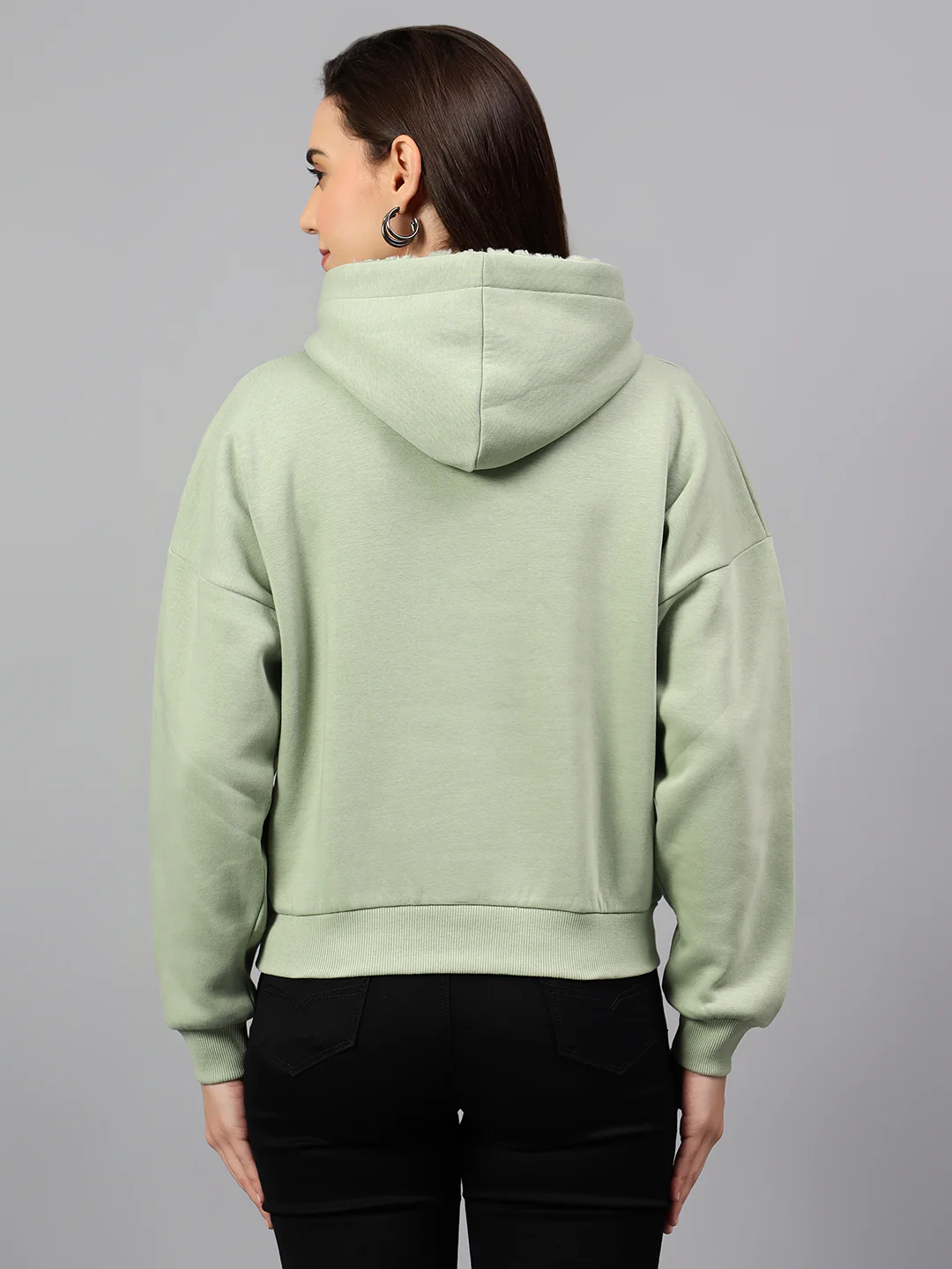 Women's Sea Green Printed Hoody Neck Crop Sweatshirt - Image 2