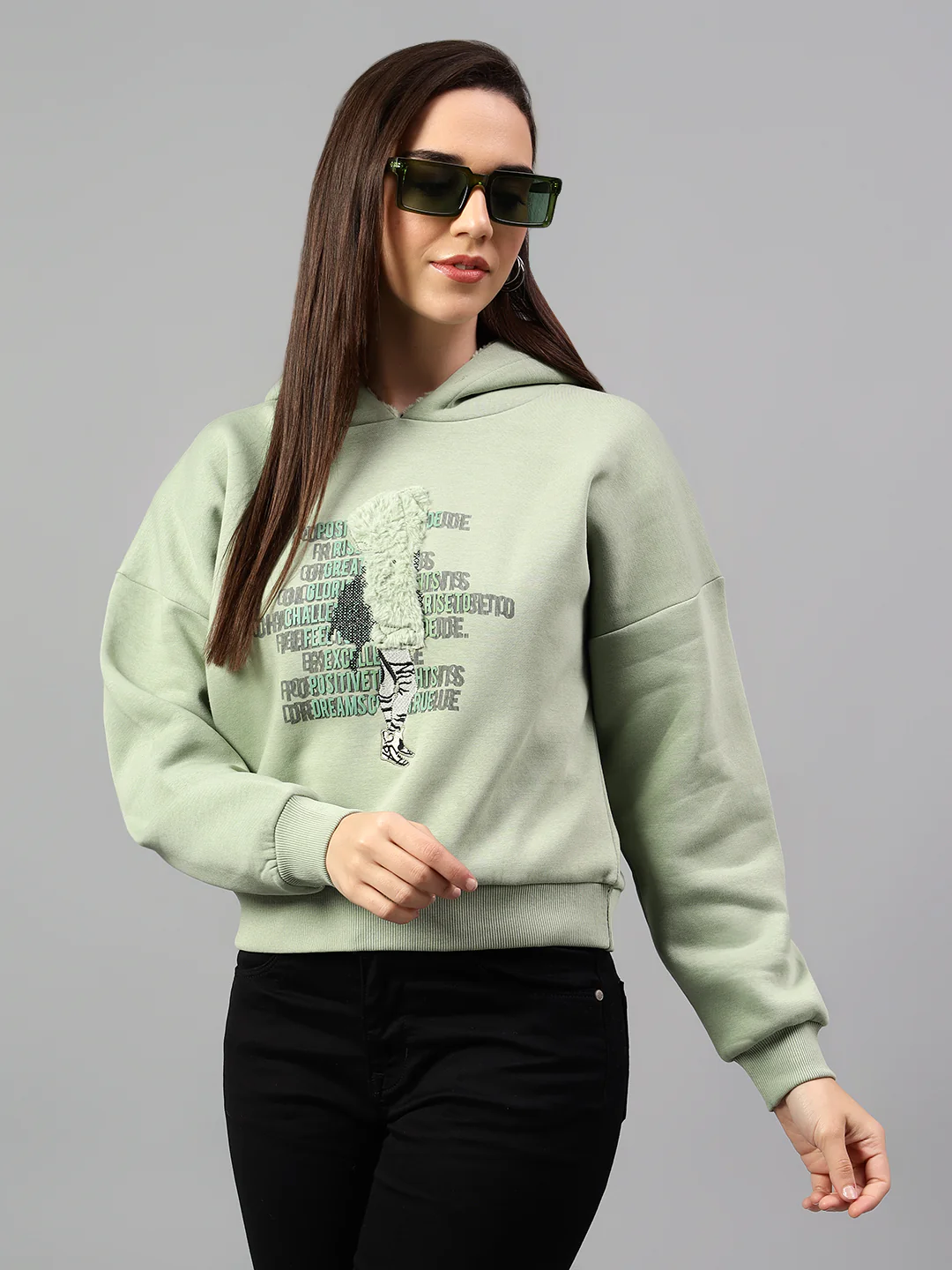 Women's Sea Green Printed Hoody Neck Crop Sweatshirt - Image 3