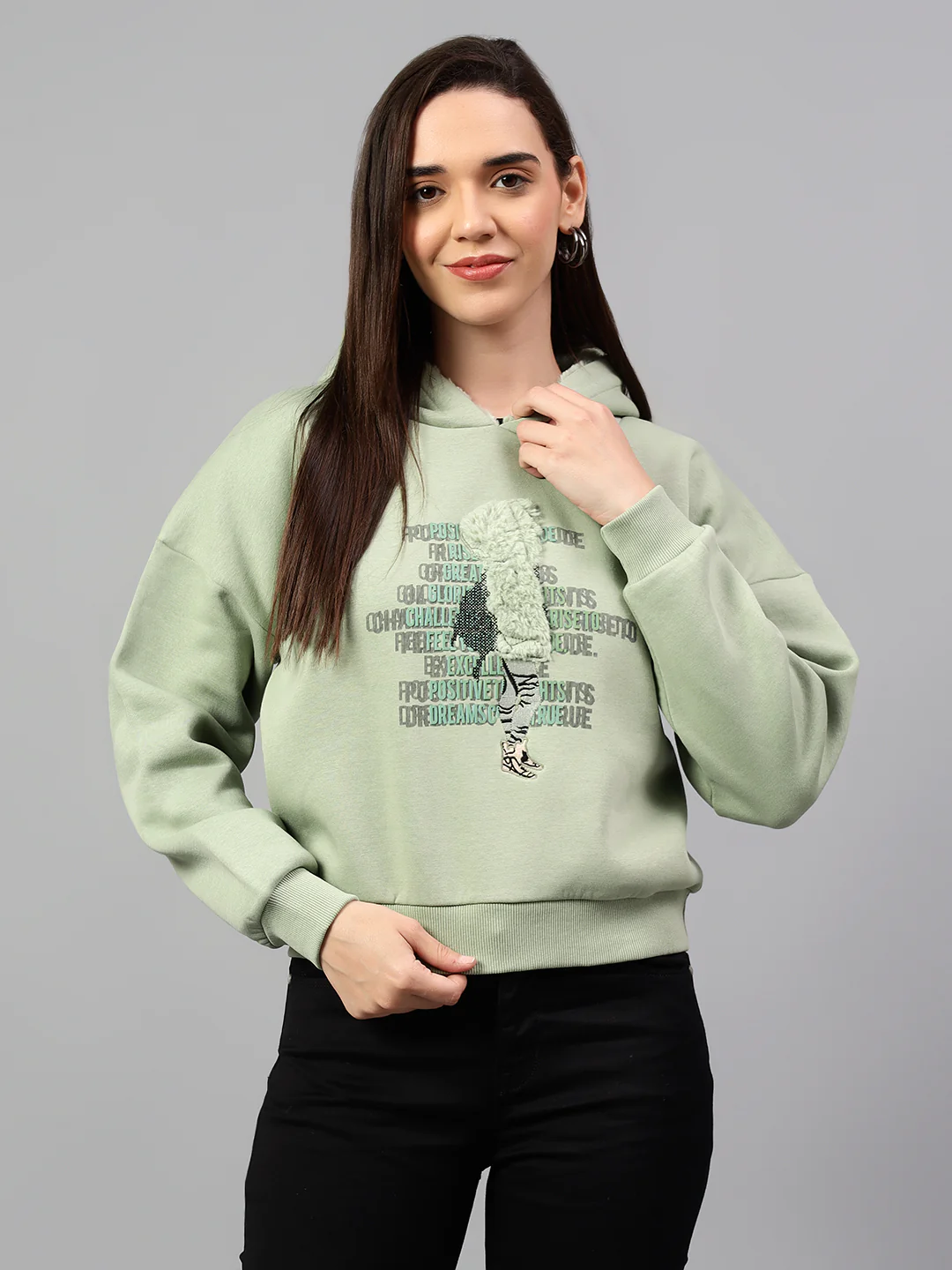 Women's Sea Green Printed Hoody Neck Crop Sweatshirt - Image 4