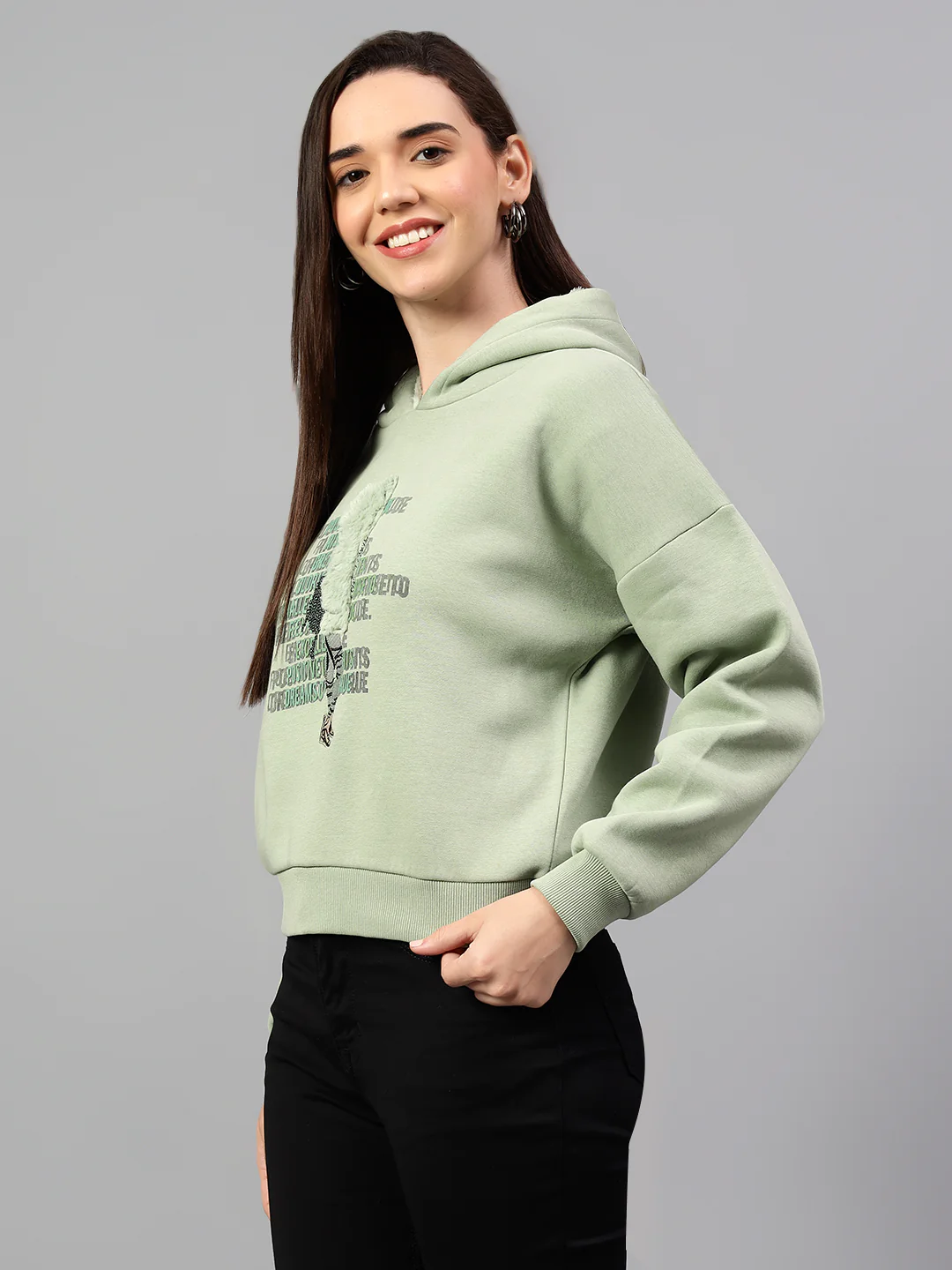 Women's Sea Green Printed Hoody Neck Crop Sweatshirt - Image 5