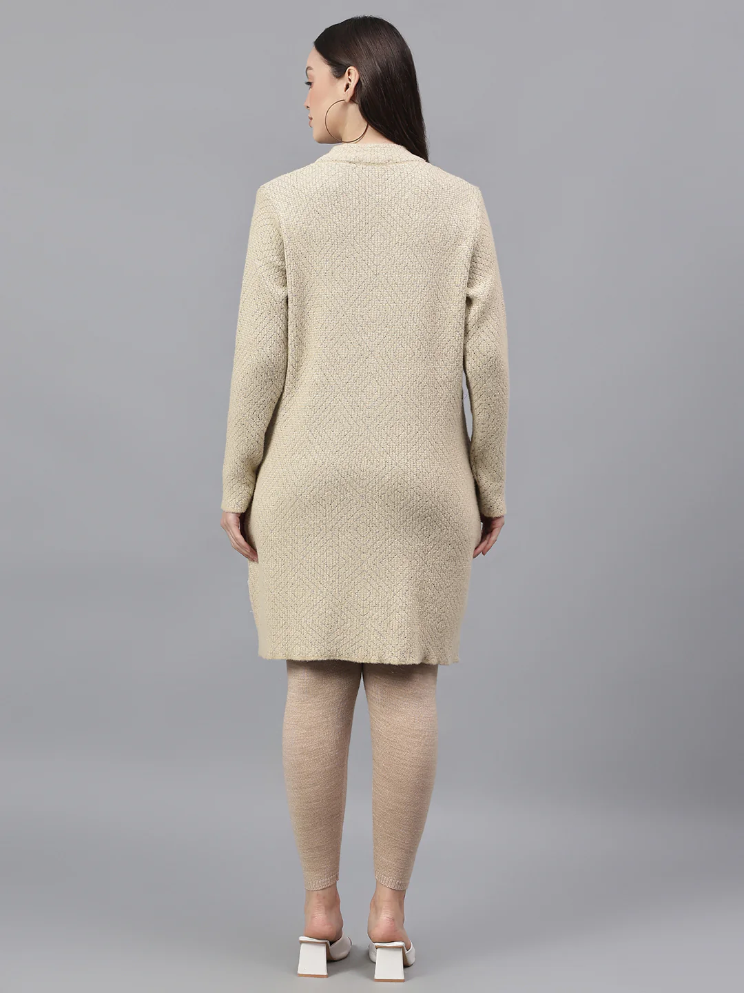 Women's Self Design Beige Mock Neck Full Sleeves Casual Sweater - Image 3