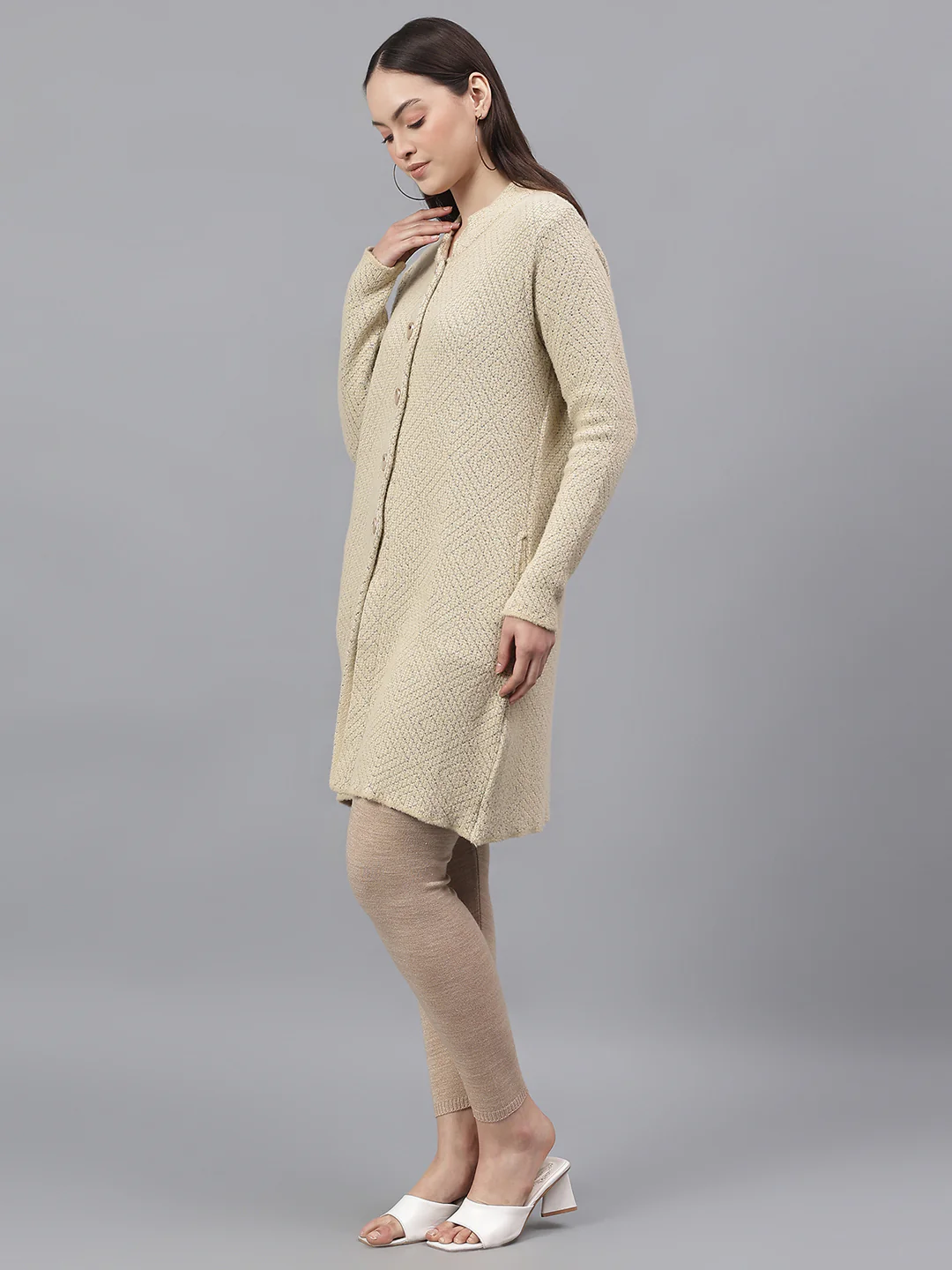 Women's Self Design Beige Mock Neck Full Sleeves Casual Sweater - Image 4