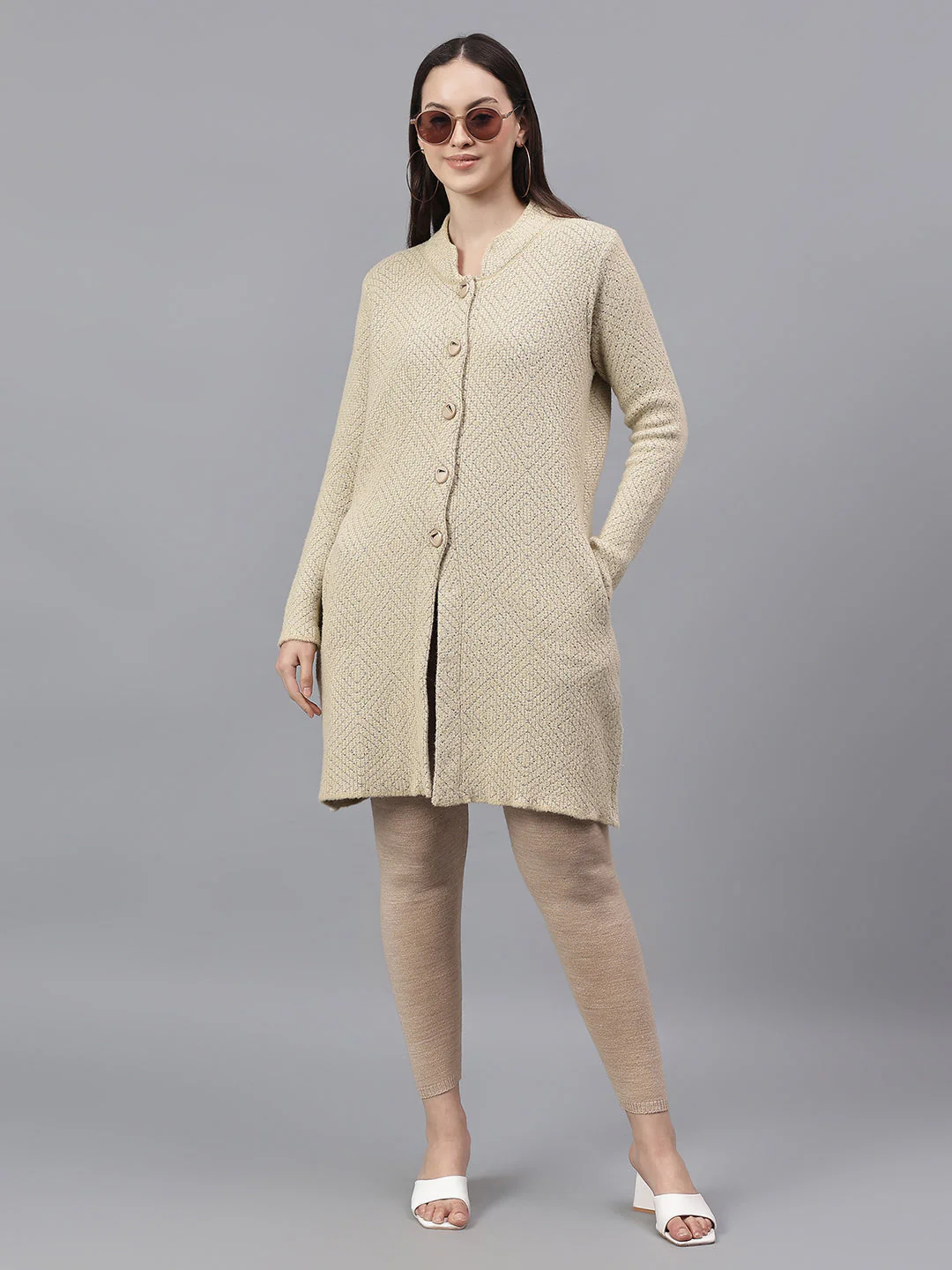 Women's Self Design Beige Mock Neck Full Sleeves Casual Sweater - Image 6