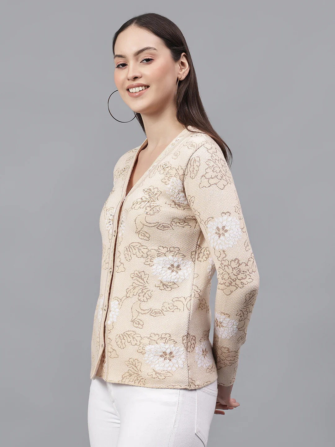 Women's Self Design Beige V-Neck Full Sleeves Casual Sweater - Image 3