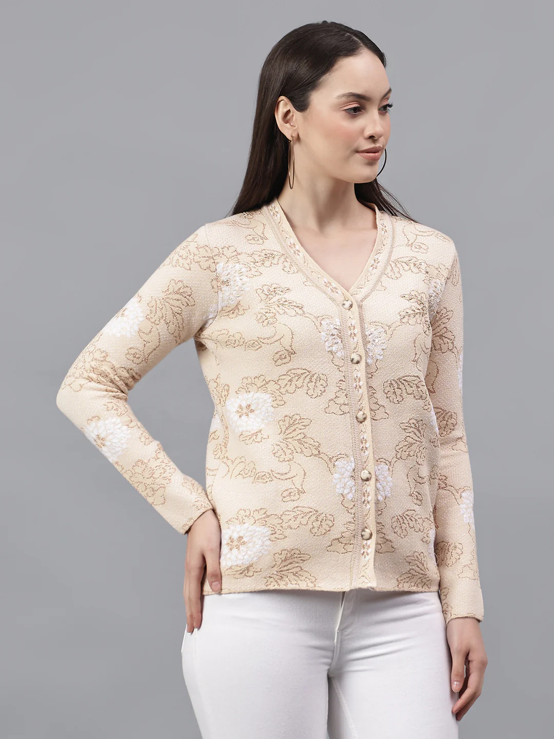 Women's Self Design Beige V-Neck Full Sleeves Casual Sweater - Image 4