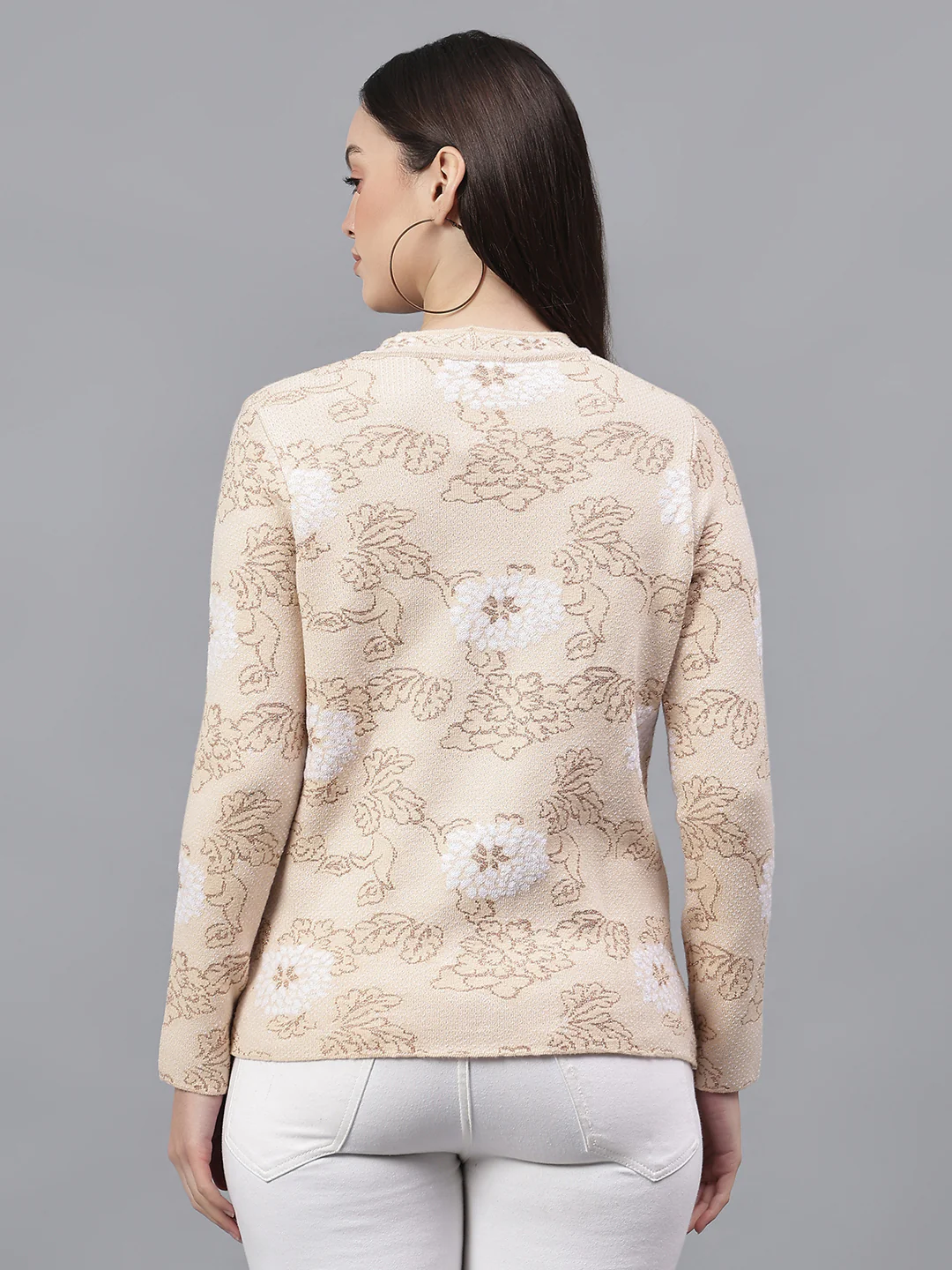 Women's Self Design Beige V-Neck Full Sleeves Casual Sweater - Image 5
