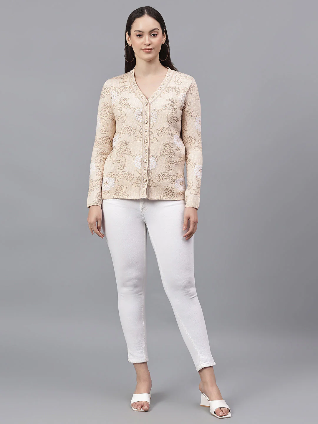 Women's Self Design Beige V-Neck Full Sleeves Casual Sweater - Image 6