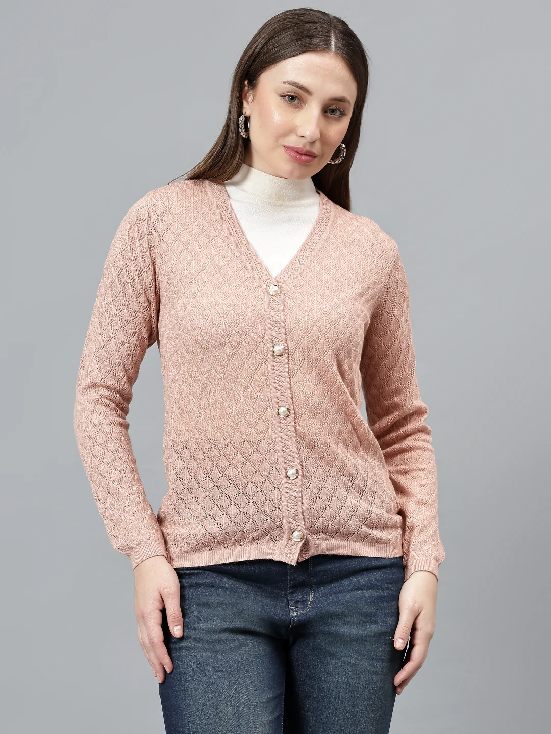 Women's Self Design Dusty Pink Full Sleeves Casual Sweater - Image 3