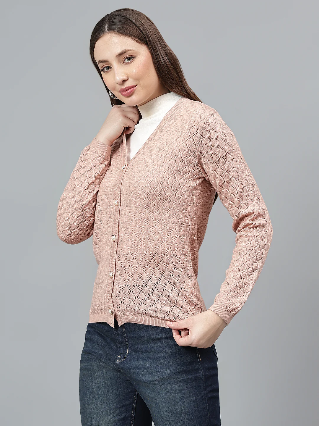 Women's Self Design Dusty Pink Full Sleeves Casual Sweater - Image 4